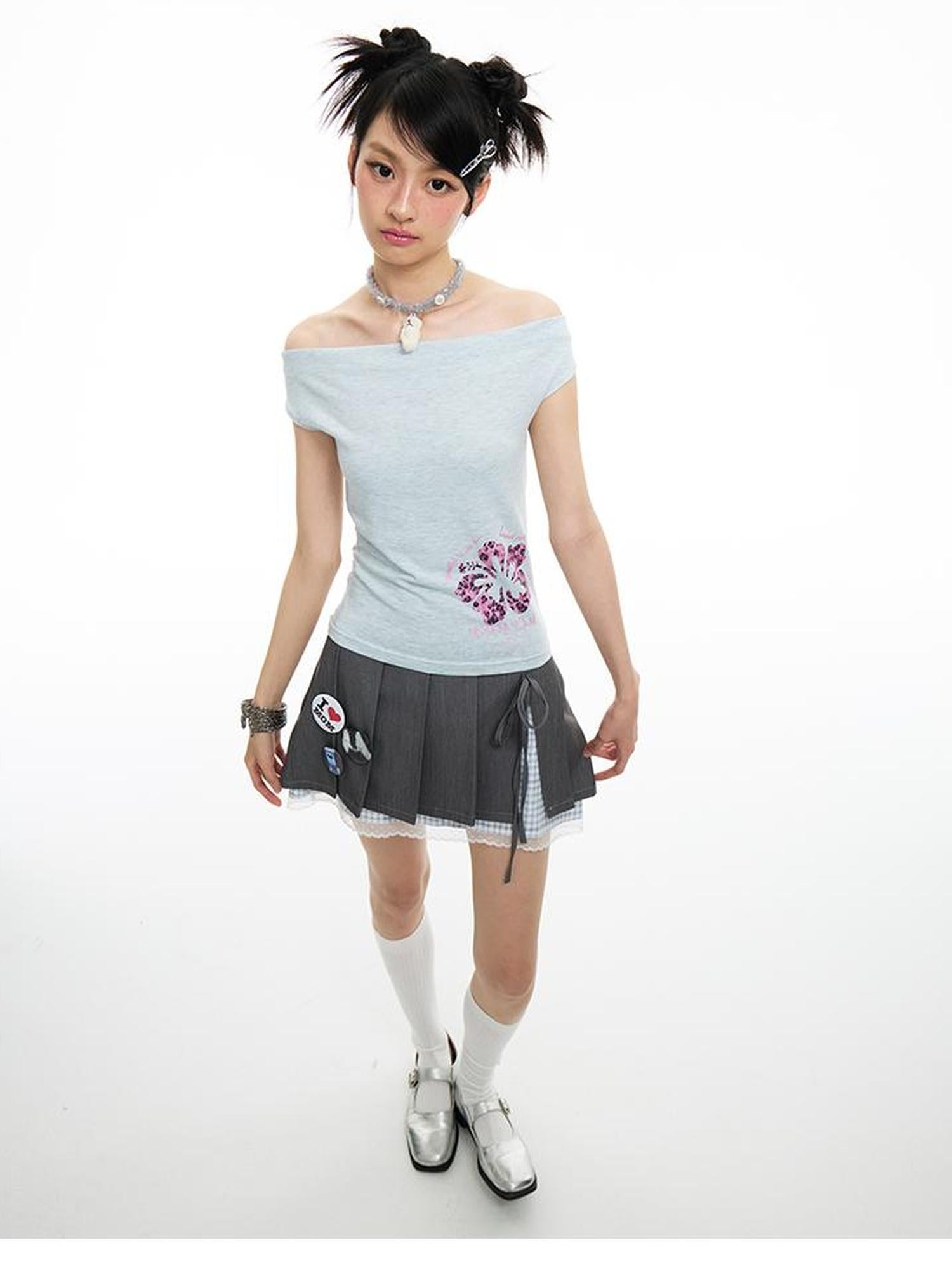 MOMSYCAN FOX LINE Summer Slim Cowl Neck Leopard Hem T Shirt