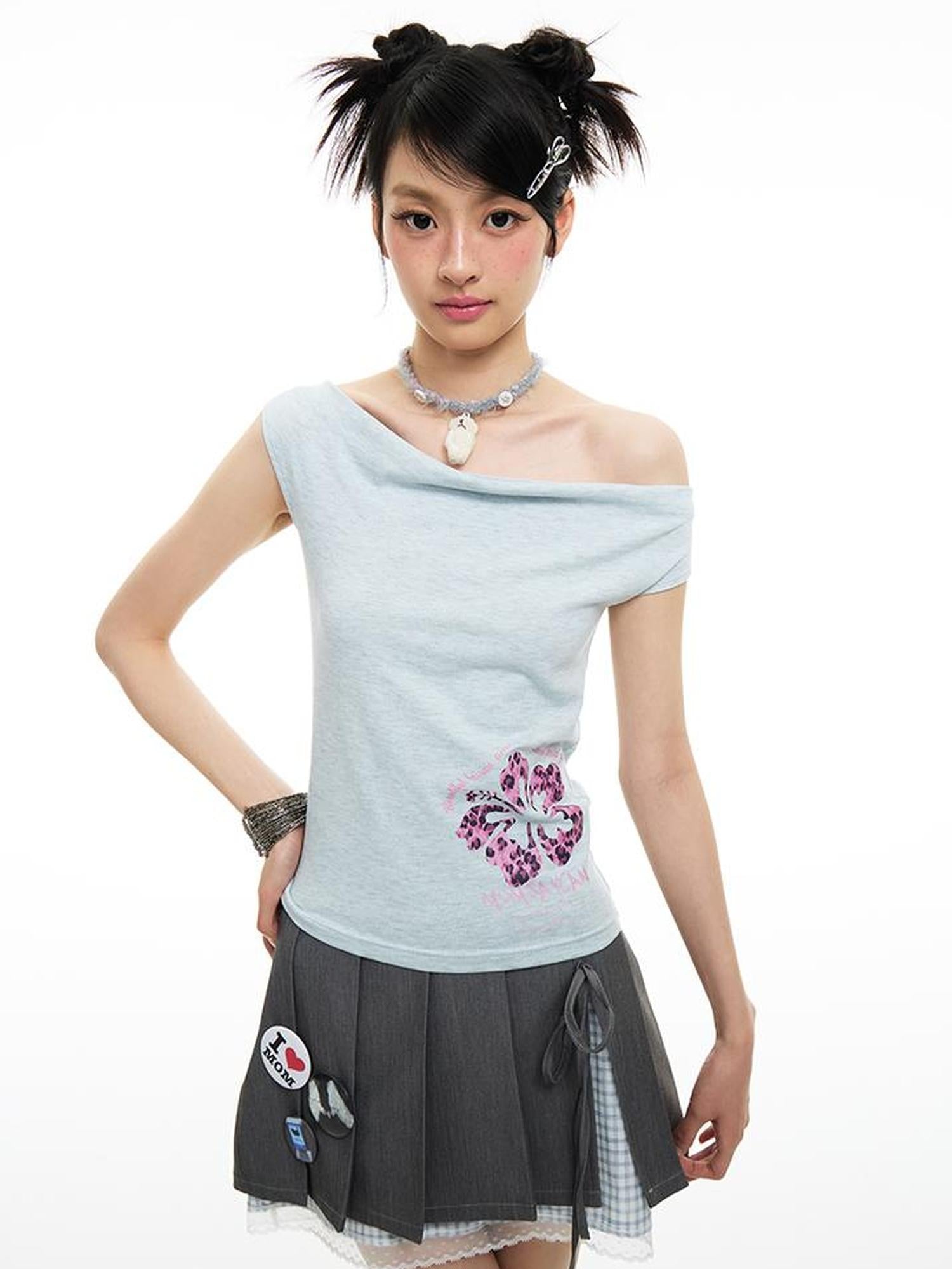 MOMSYCAN FOX LINE Summer Slim Cowl Neck Leopard Hem T Shirt