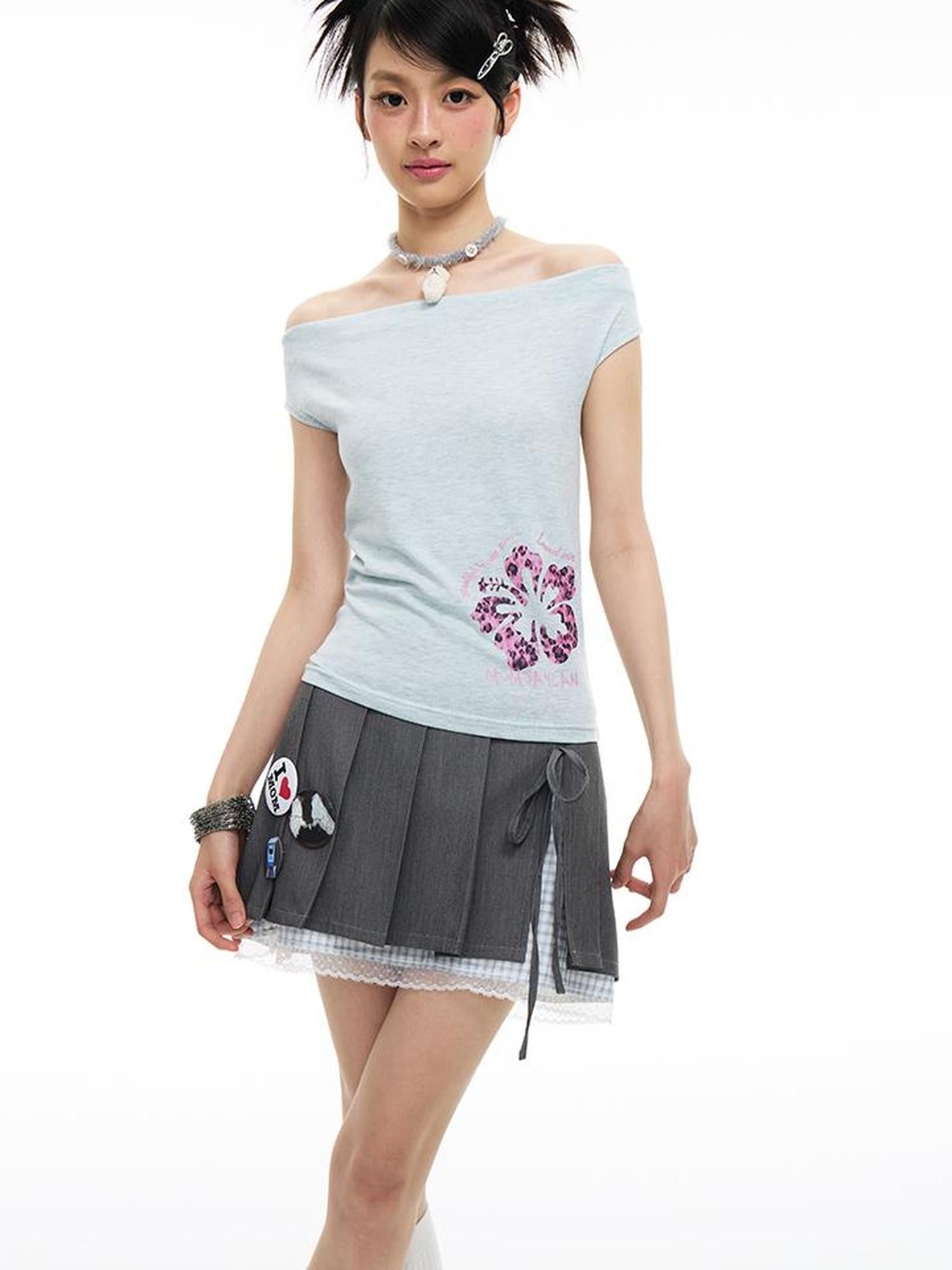 MOMSYCAN FOX LINE Summer Slim Cowl Neck Leopard Hem T Shirt
