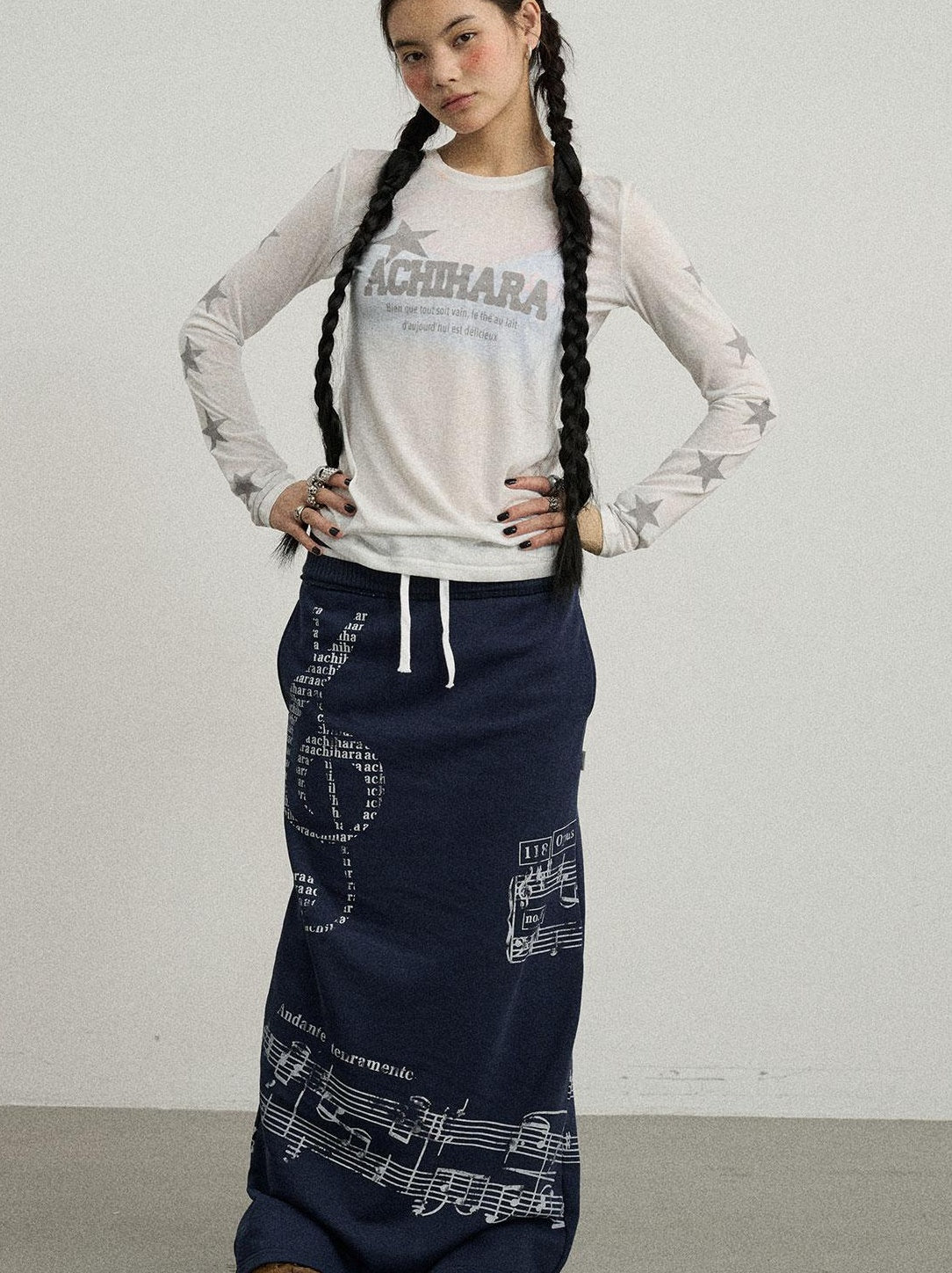 Achihara Summer Star Print Knitted Cotton Long Sleeve T-Shirt For Women
