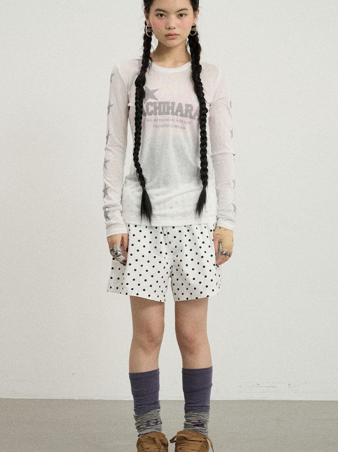 Achihara Summer Star Print Knitted Cotton Long Sleeve T-Shirt For Women
