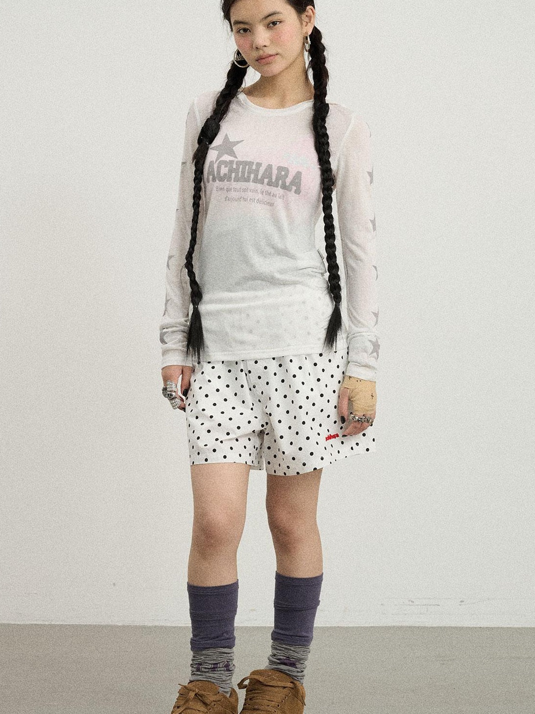 Achihara Summer Star Print Knitted Cotton Long Sleeve T-Shirt For Women