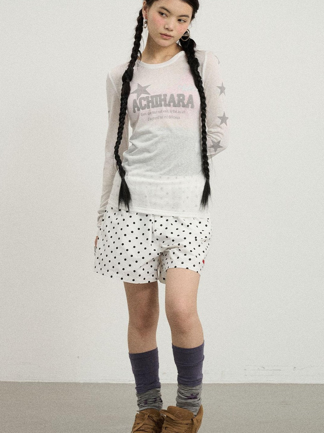 Achihara Summer Star Print Knitted Cotton Long Sleeve T-Shirt For Women