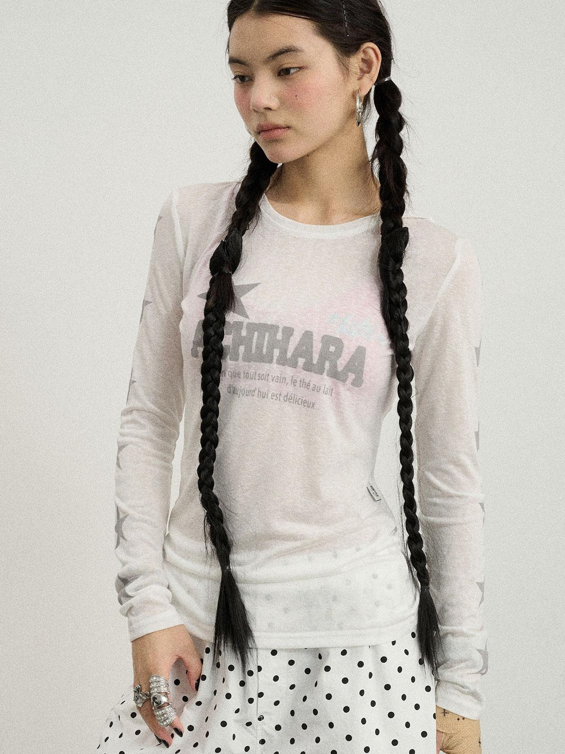 Achihara Summer Star Print Knitted Cotton Long Sleeve T-Shirt For Women