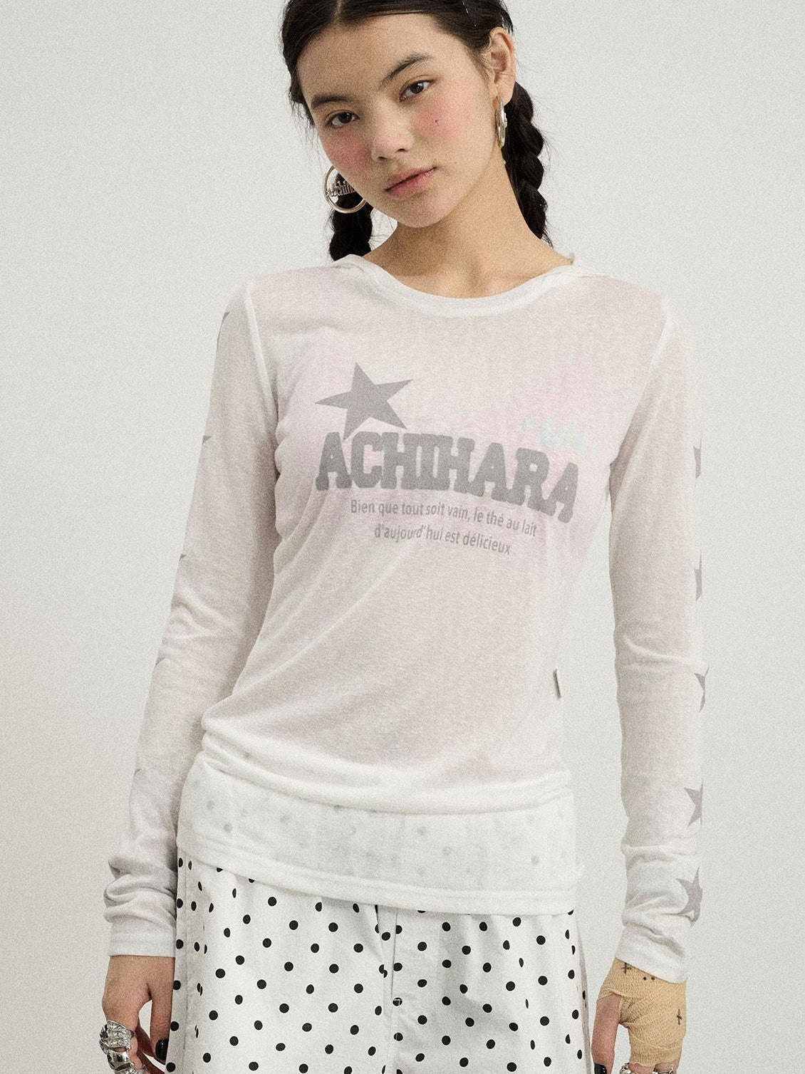 Achihara Summer Star Print Knitted Cotton Long Sleeve T-Shirt For Women
