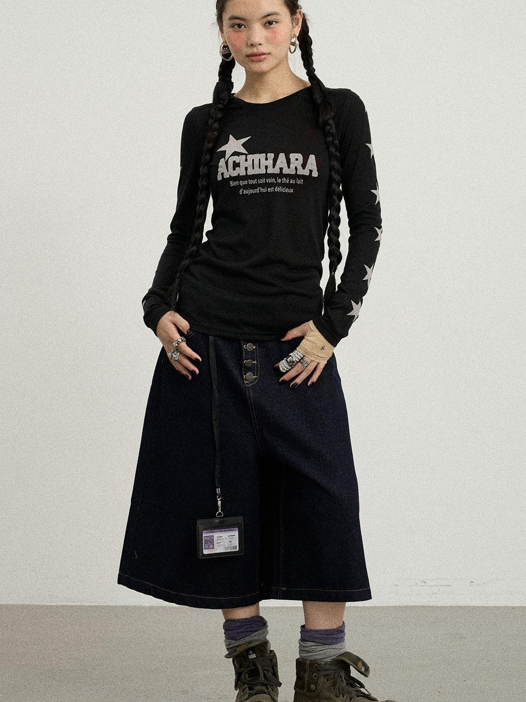 Achihara Summer Star Print Knitted Cotton Long Sleeve T-Shirt For Women