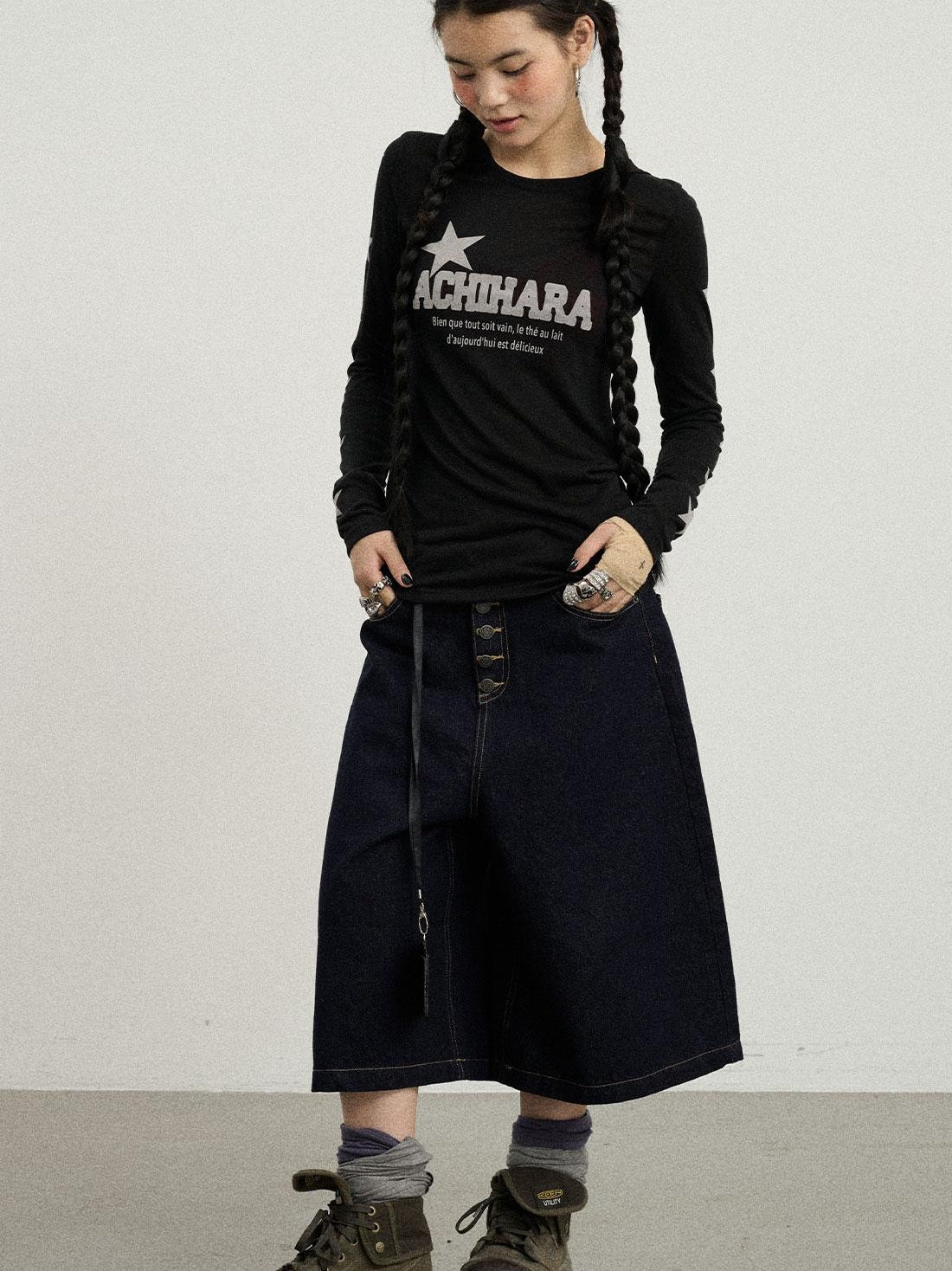Achihara Summer Star Print Knitted Cotton Long Sleeve T-Shirt For Women