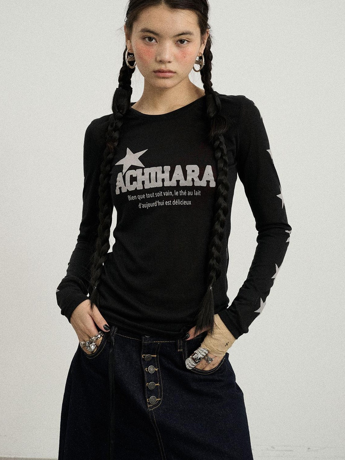 Achihara Summer Star Print Knitted Cotton Long Sleeve T-Shirt For Women