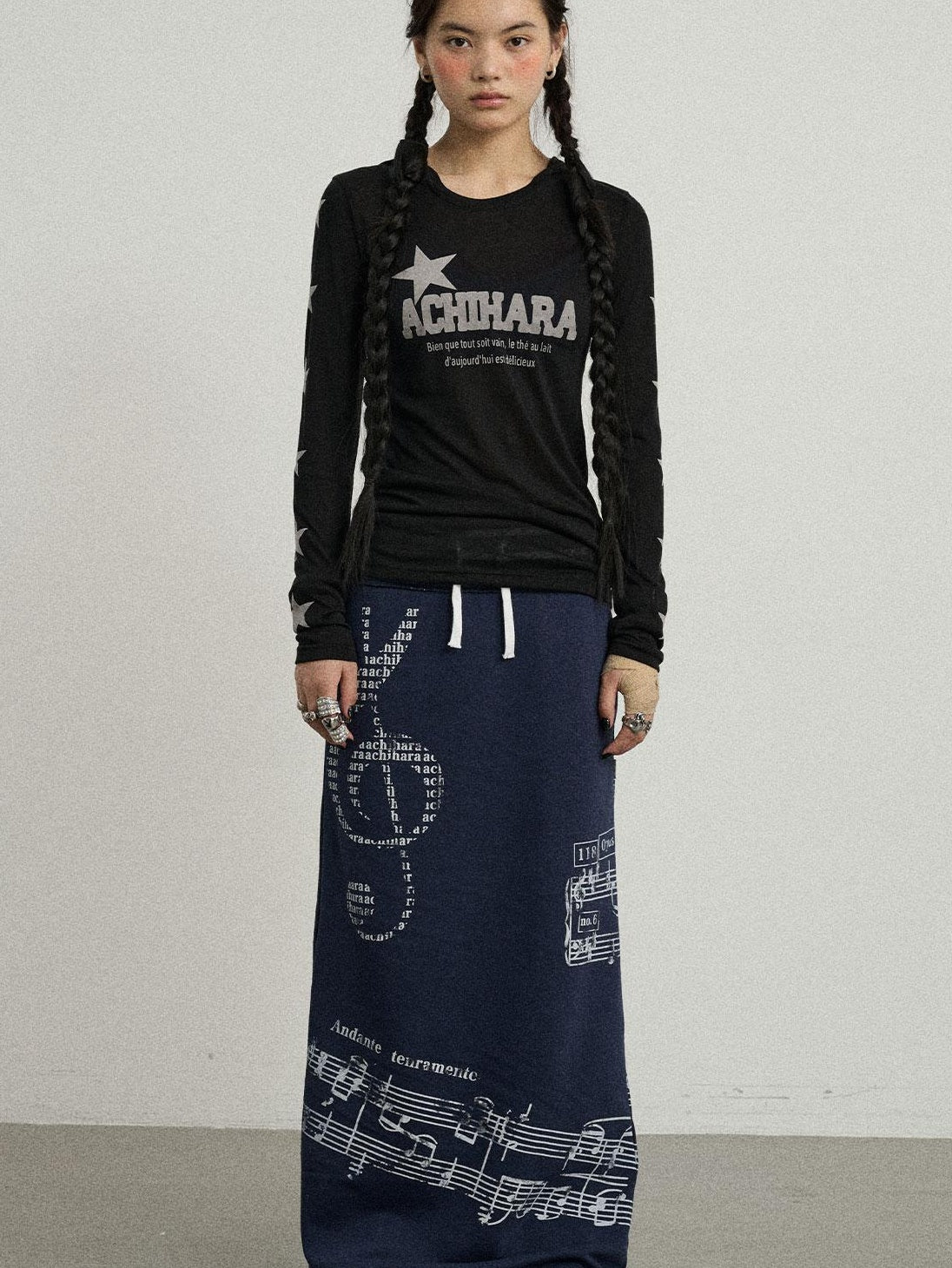 Achihara Summer Star Print Knitted Cotton Long Sleeve T-Shirt For Women