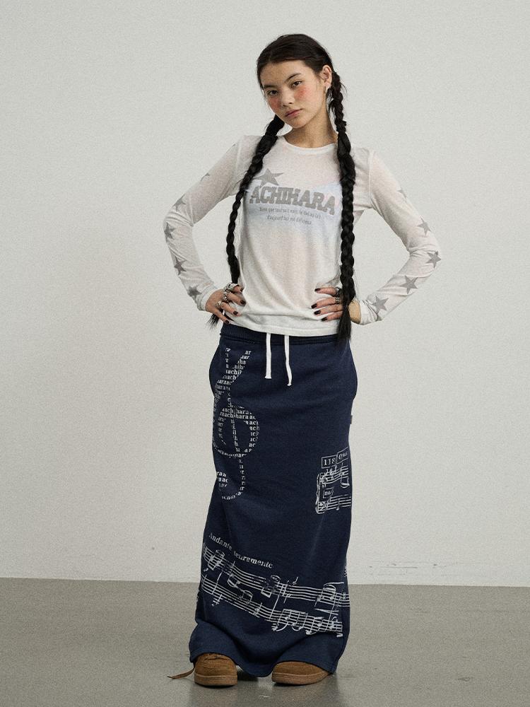 Achihara Summer Star Print Knitted Cotton Long Sleeve T-Shirt For Women