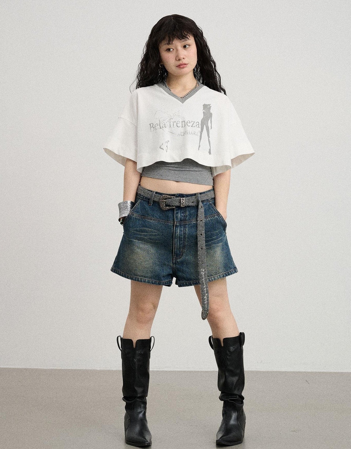 Achihara Summer V-Neck Puff Short Sleeve Tee - Loose Fit Cotton Blend Top