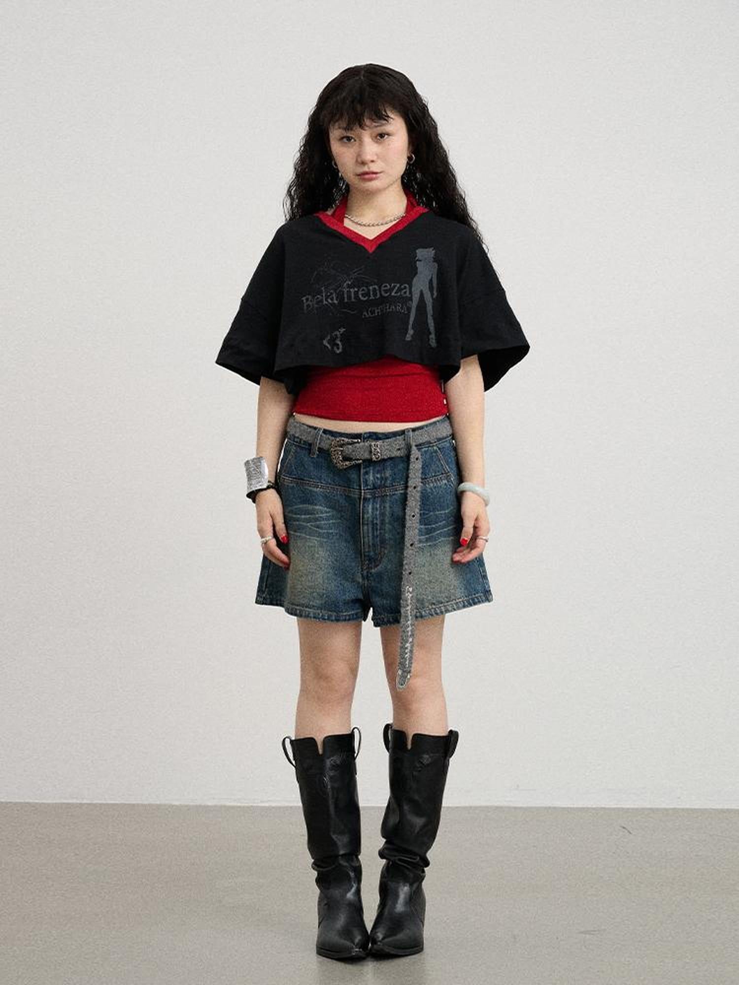 Achihara Summer V-Neck Puff Short Sleeve Tee - Loose Fit Cotton Blend Top