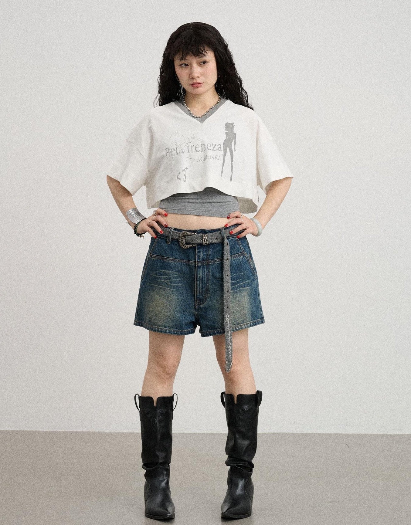 Achihara Summer V-Neck Puff Short Sleeve Tee - Loose Fit Cotton Blend Top