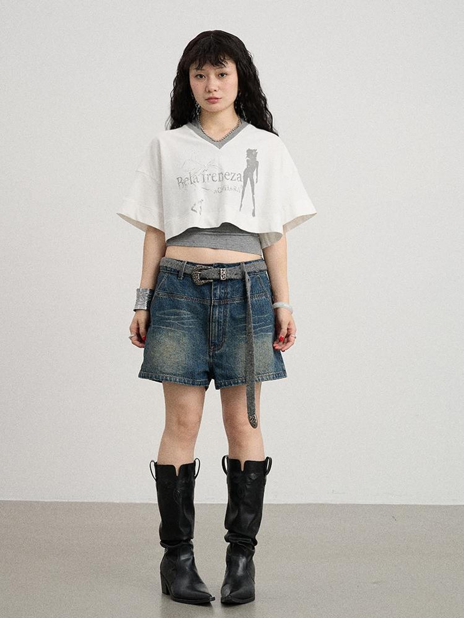 Achihara Summer V-Neck Puff Short Sleeve Tee - Loose Fit Cotton Blend Top