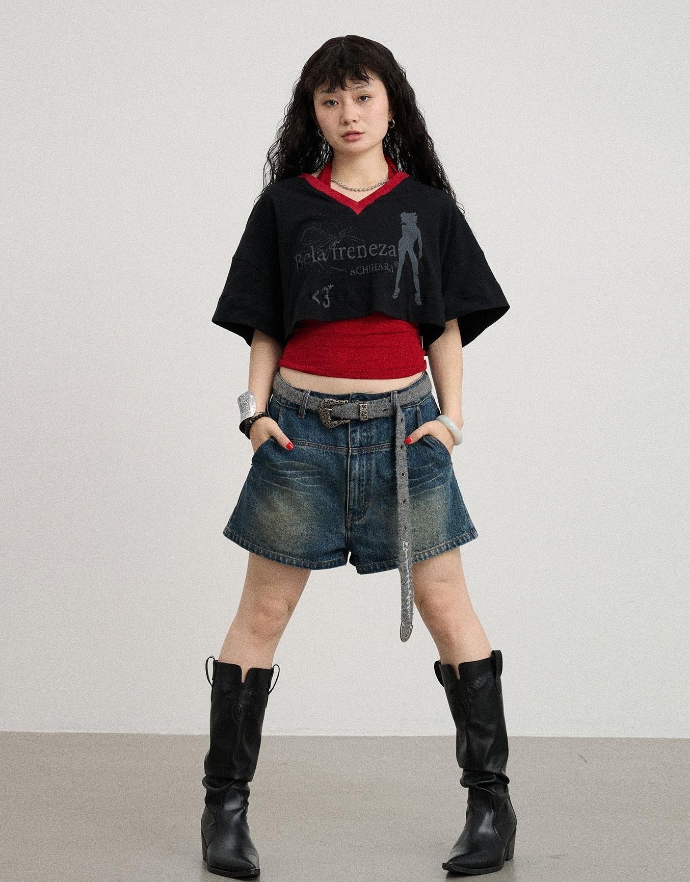 Achihara Summer V-Neck Puff Short Sleeve Tee - Loose Fit Cotton Blend Top