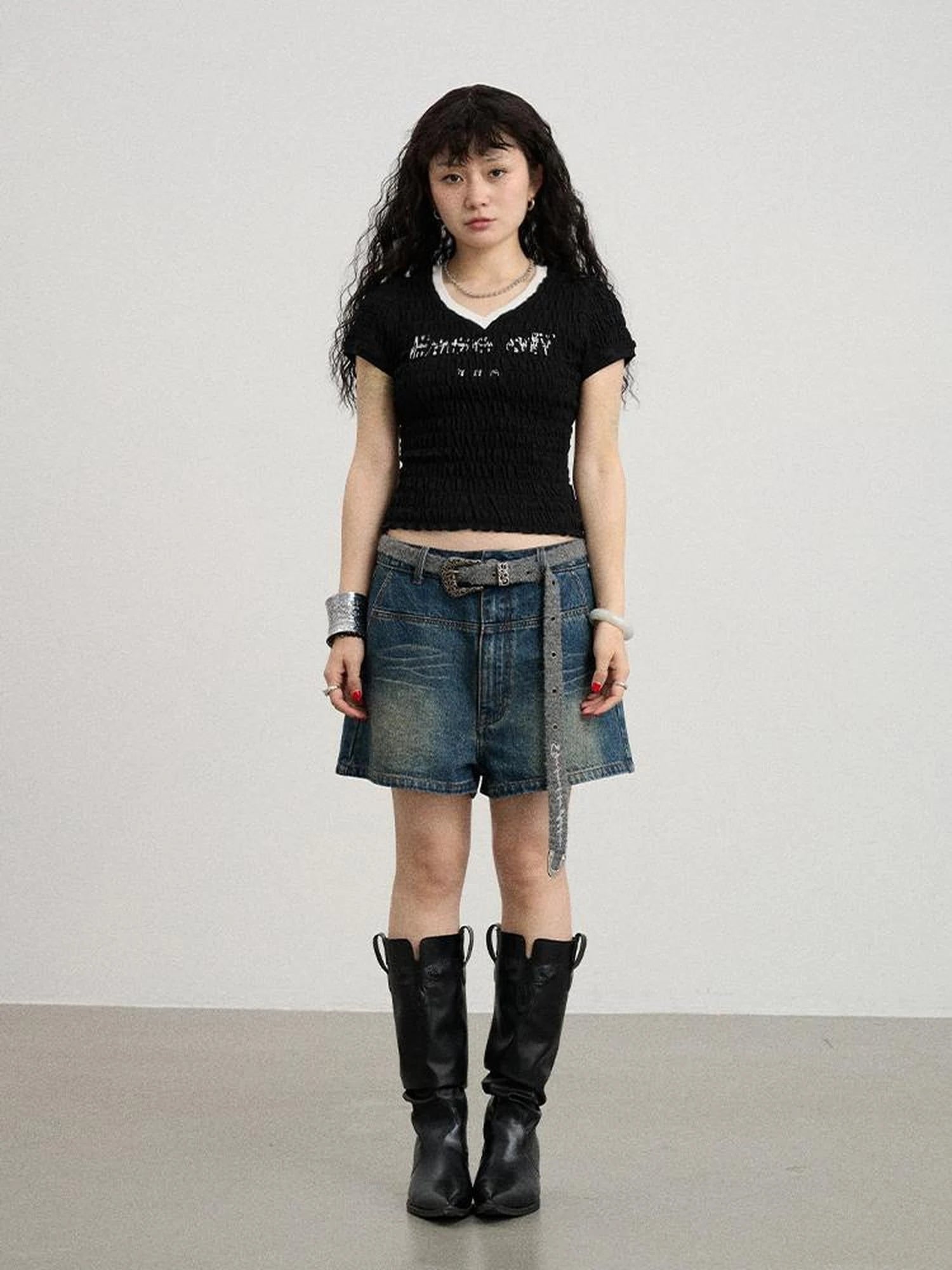 Summer V-neck Ruffle Cotton Tee