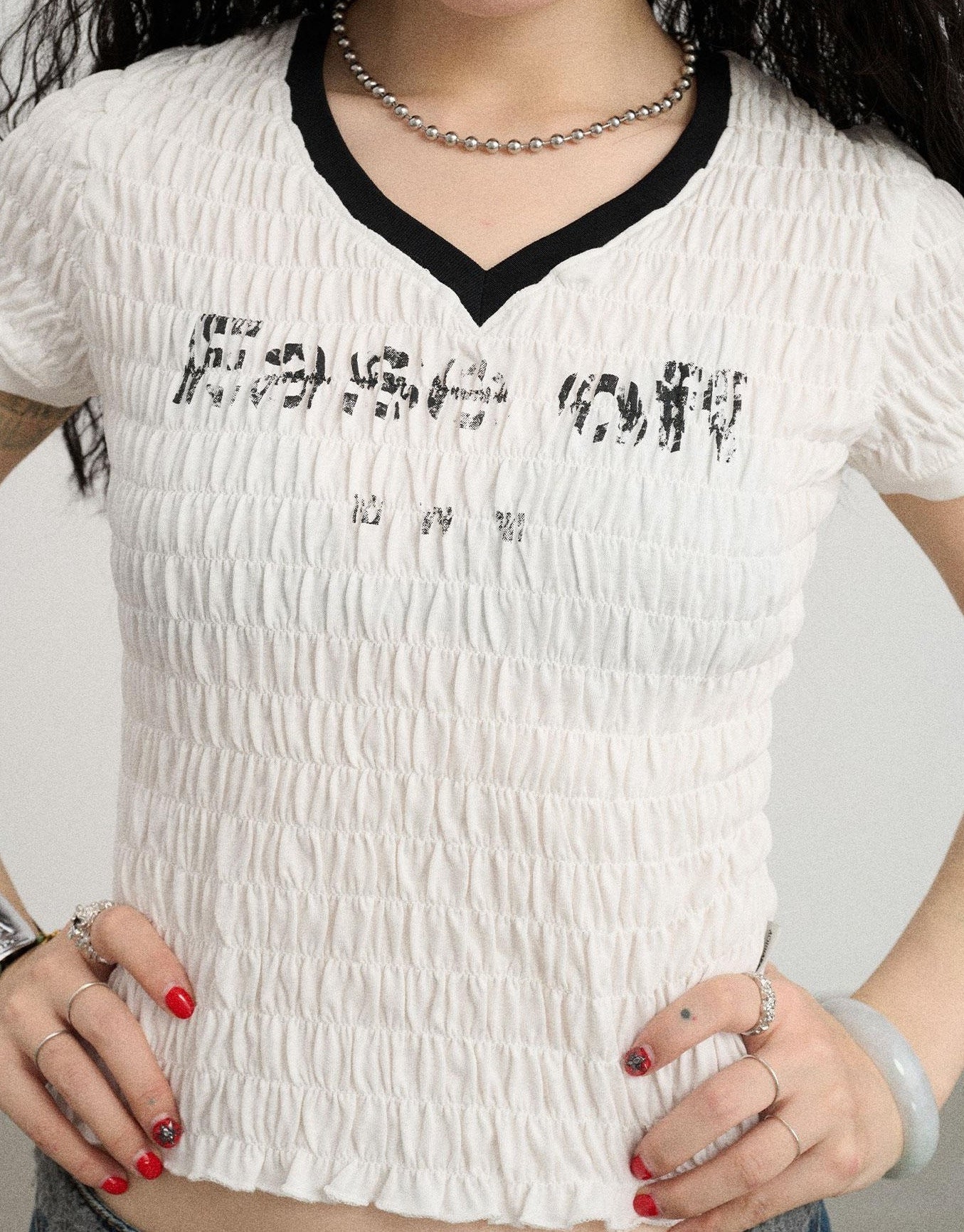 Achihara Summer V Neck Ruffle Cotton Tee