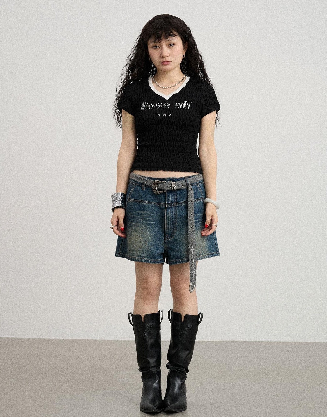 Achihara Summer V Neck Ruffle Cotton Tee