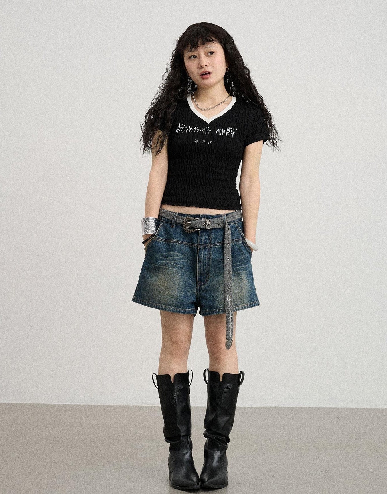 Achihara Summer V Neck Ruffle Cotton Tee