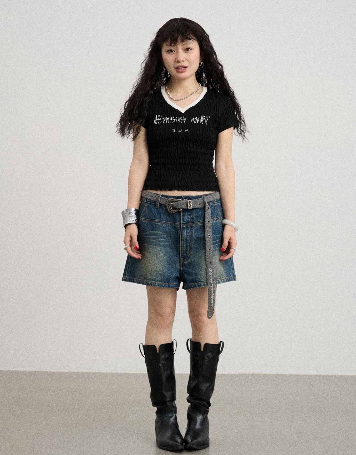 Achihara Summer V Neck Ruffle Cotton Tee
