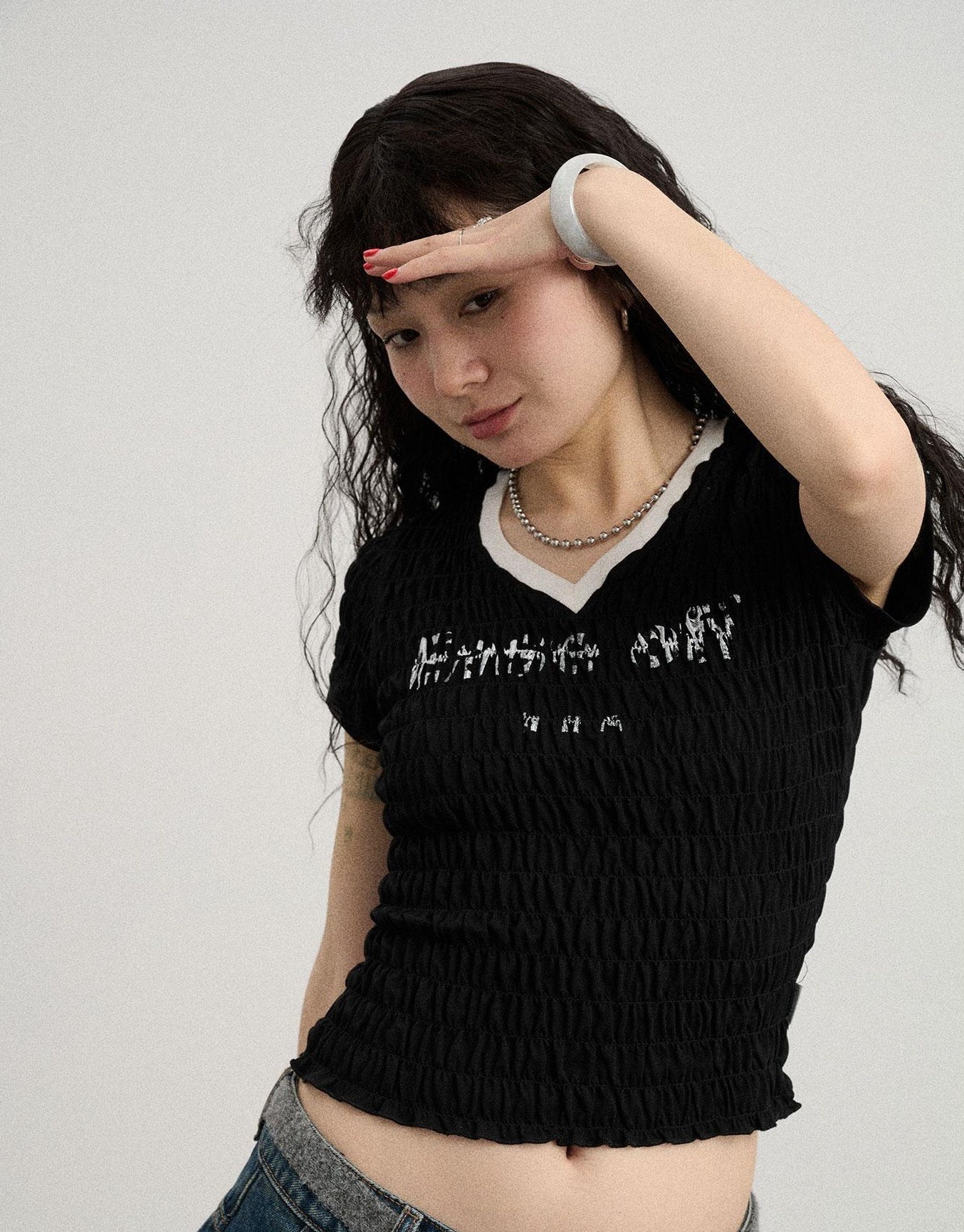 Achihara Summer V Neck Ruffle Cotton Tee