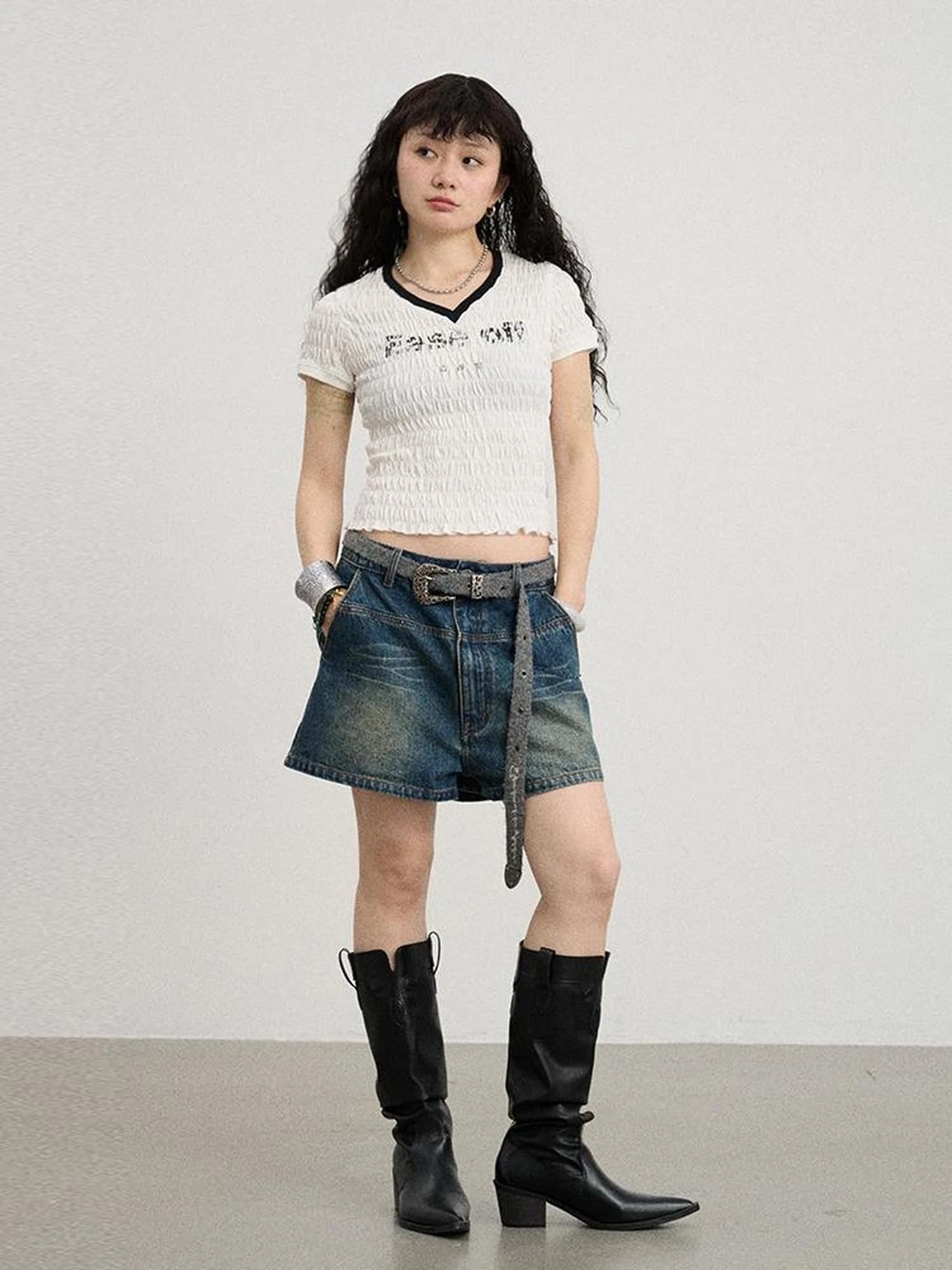 Summer V-neck Ruffle Cotton Tee