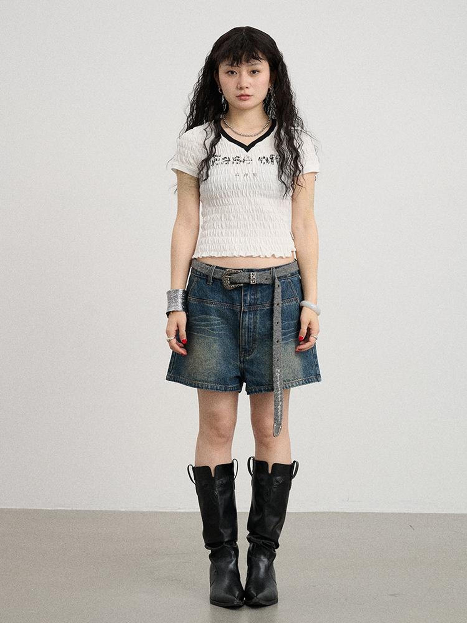 Achihara Summer V Neck Ruffle Cotton Tee