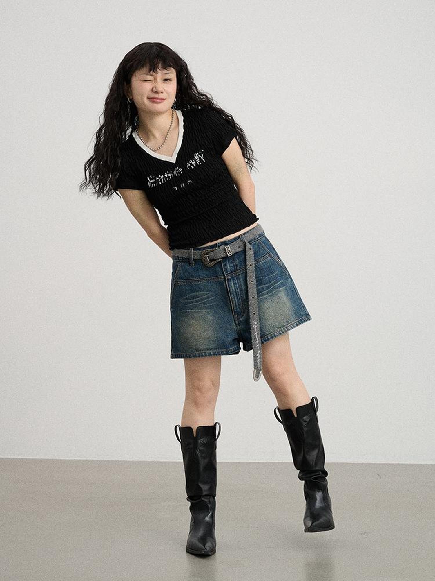 Achihara Summer V Neck Ruffle Cotton Tee