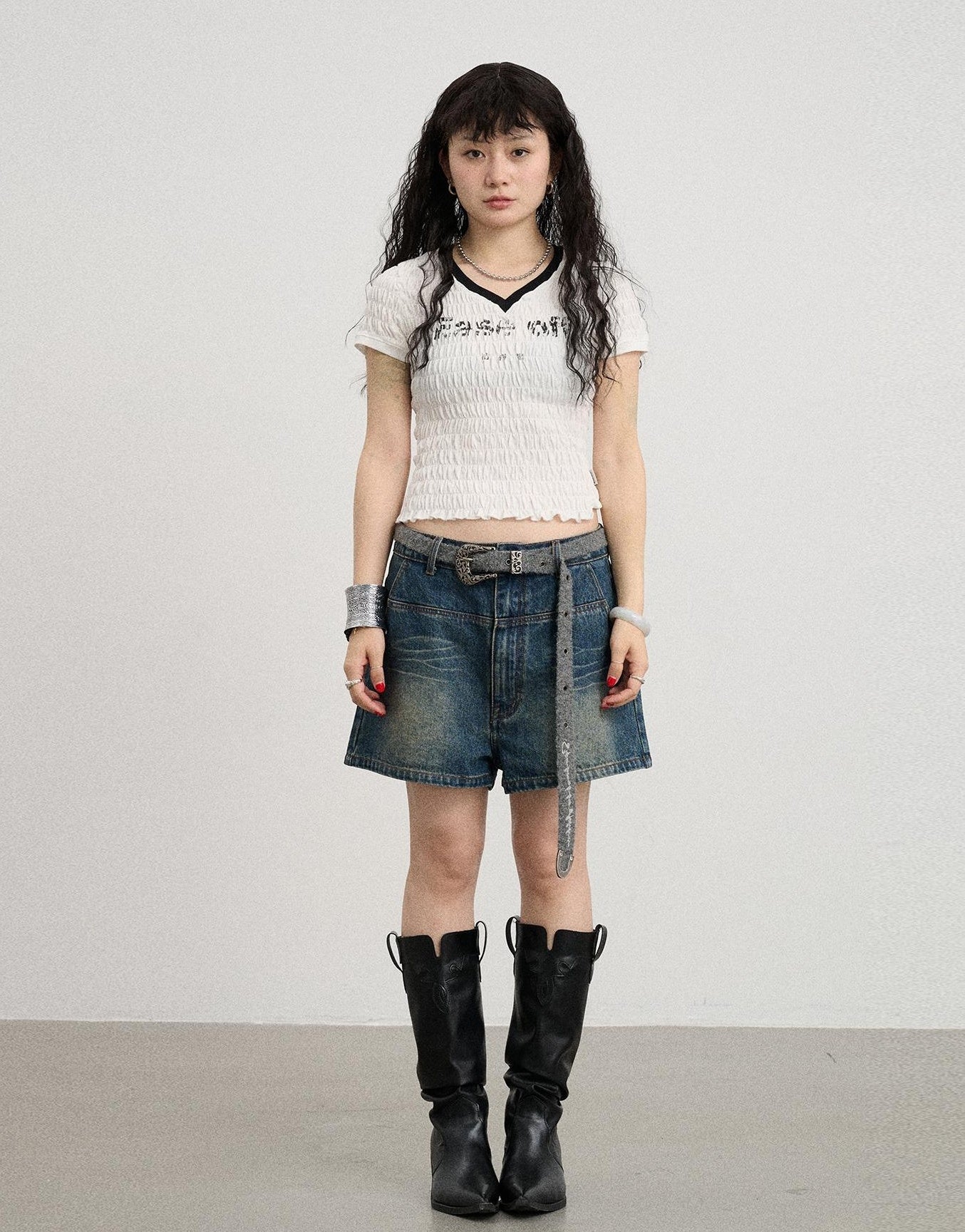 Achihara Summer V Neck Ruffle Cotton Tee