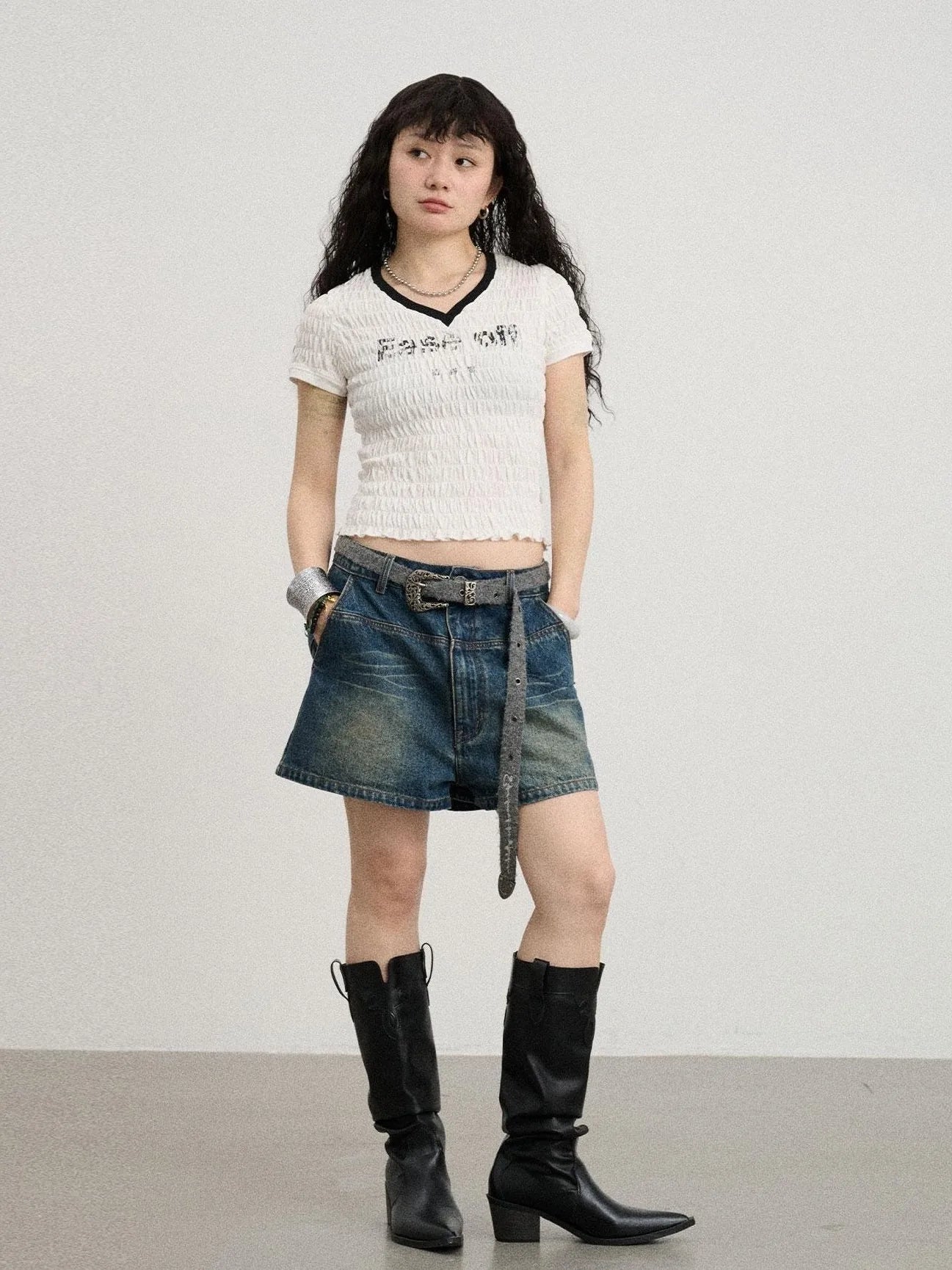 Summer V-neck Ruffle Cotton Tee