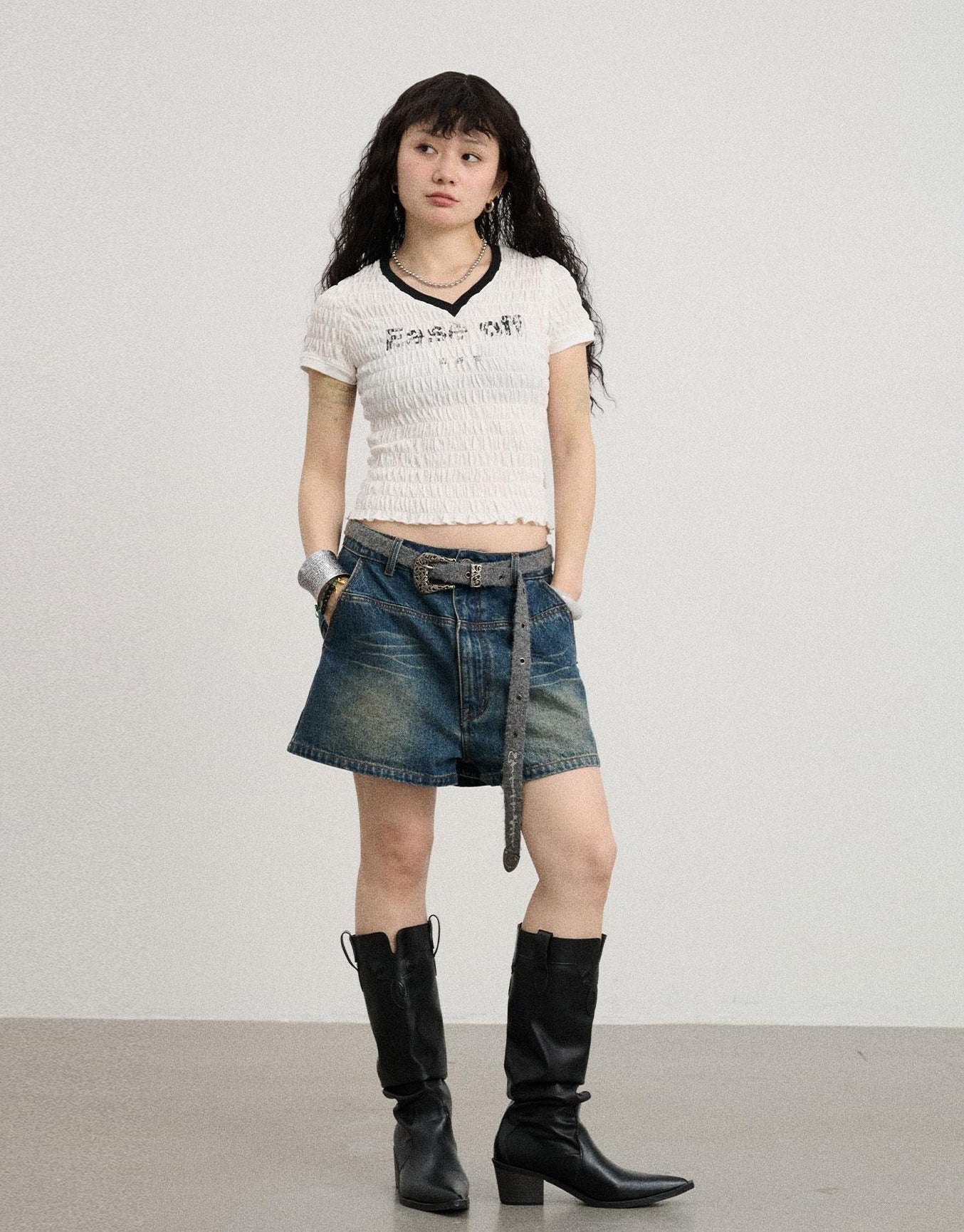Achihara Summer V Neck Ruffle Cotton Tee