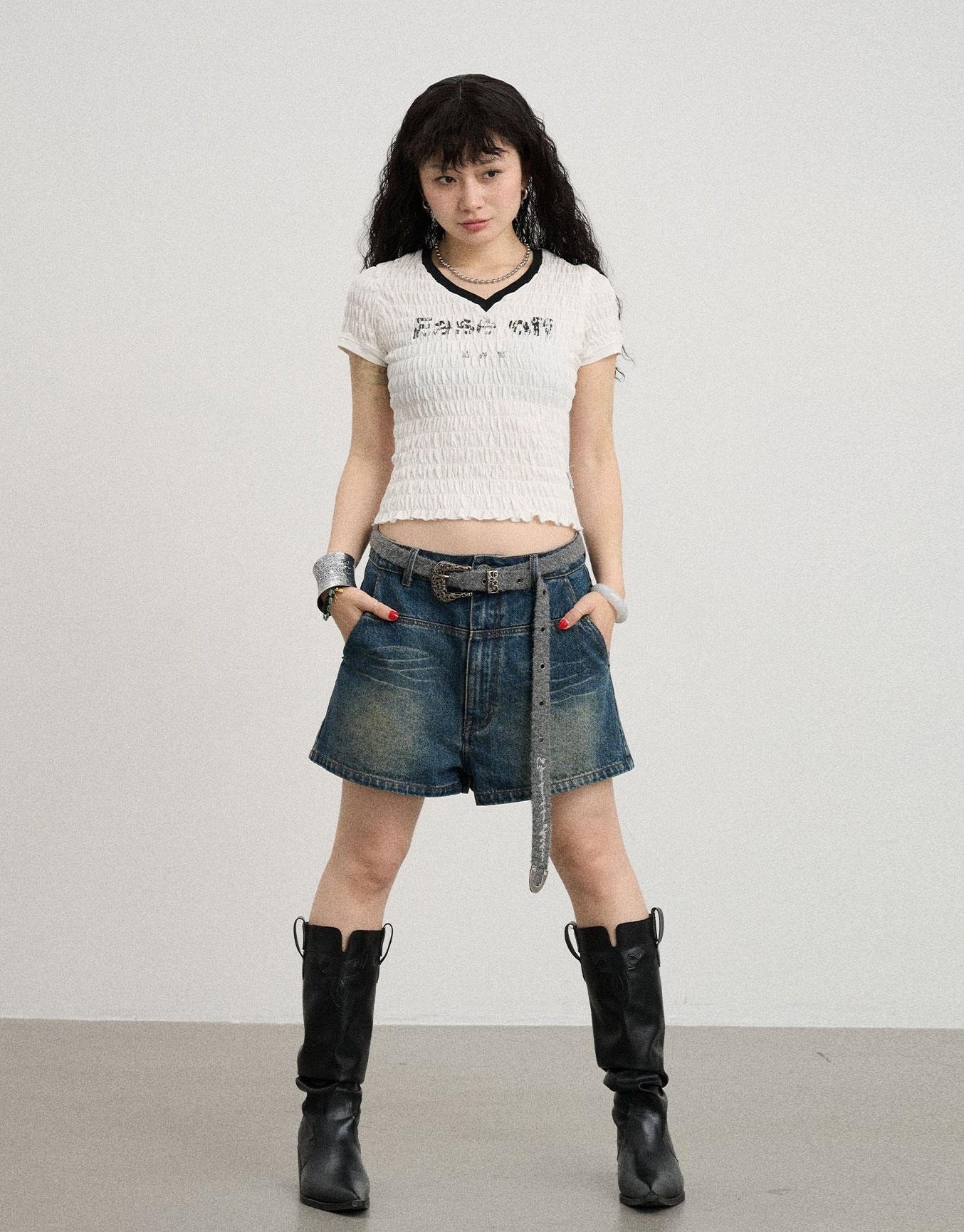 Achihara Summer V Neck Ruffle Cotton Tee