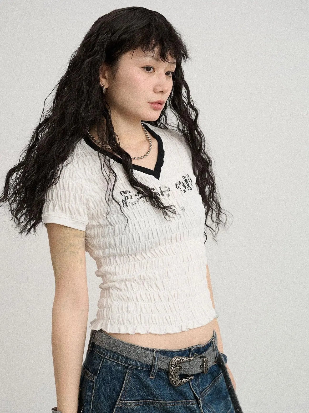 Summer V-neck Ruffle Cotton Tee