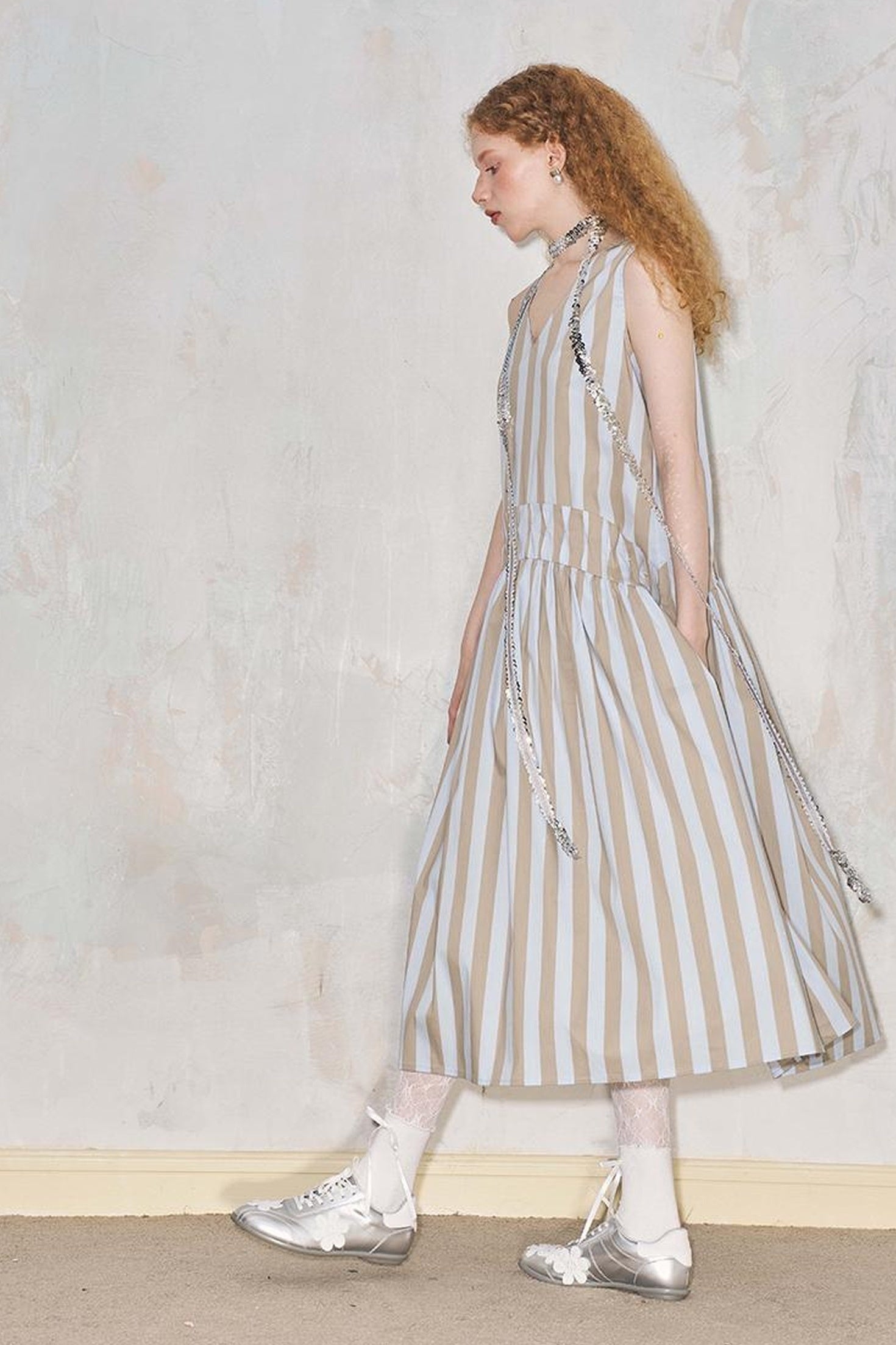 DIDDI MODA Summer V Neck Tuck Pleated Striped Maxi Dress