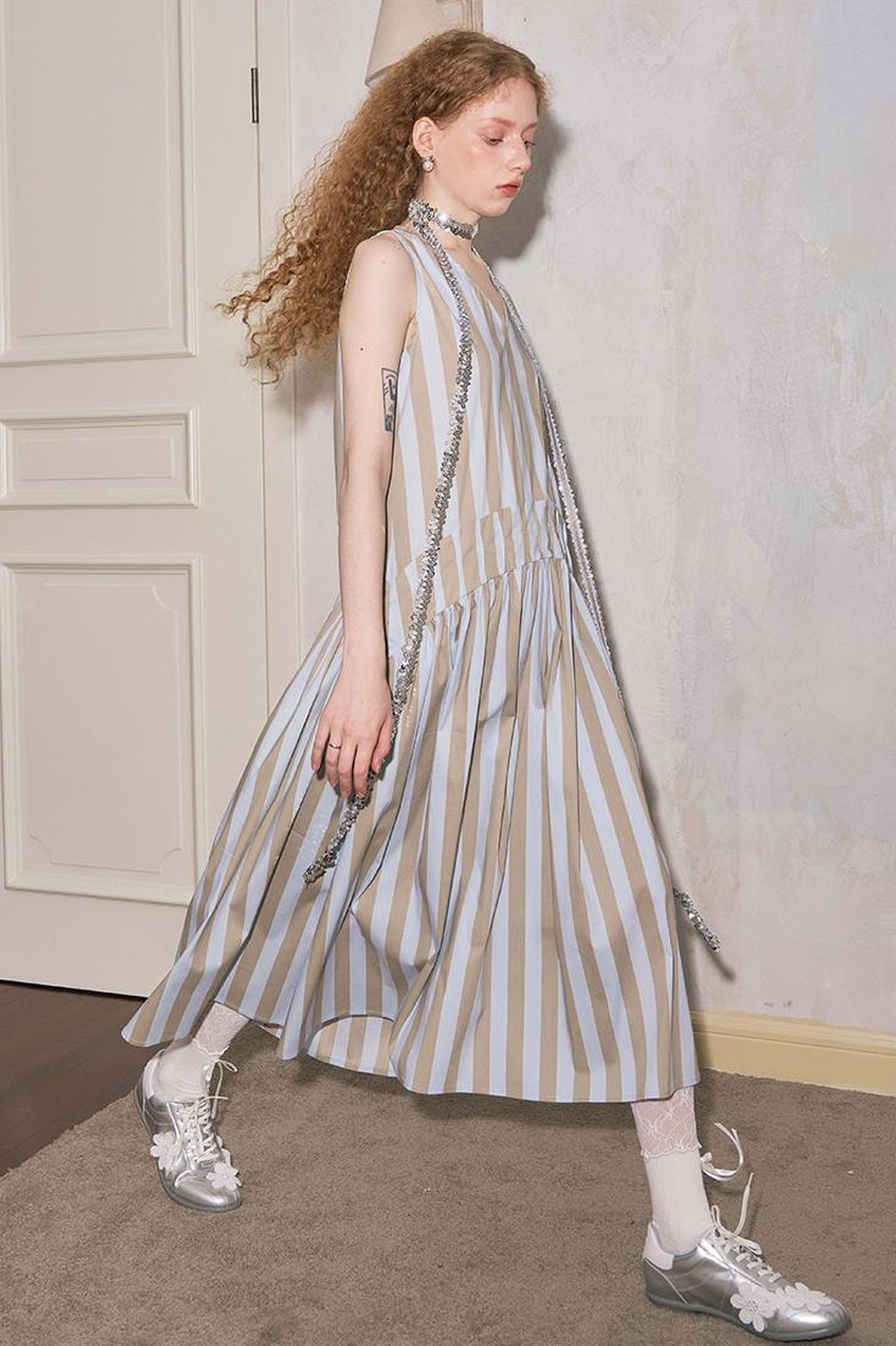 DIDDI MODA Summer V Neck Tuck Pleated Striped Maxi Dress