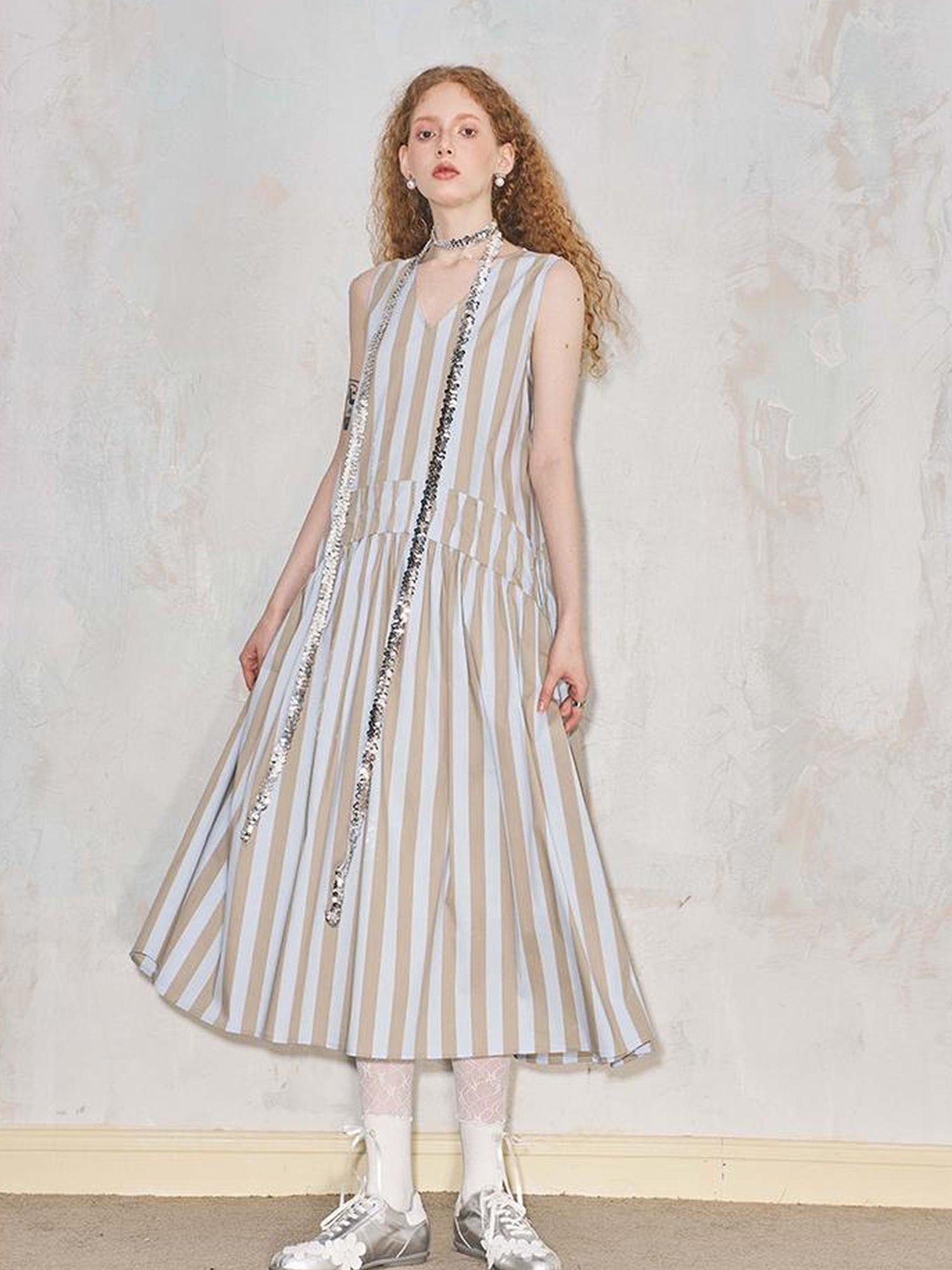 DIDDI MODA Summer V Neck Tuck Pleated Striped Maxi Dress