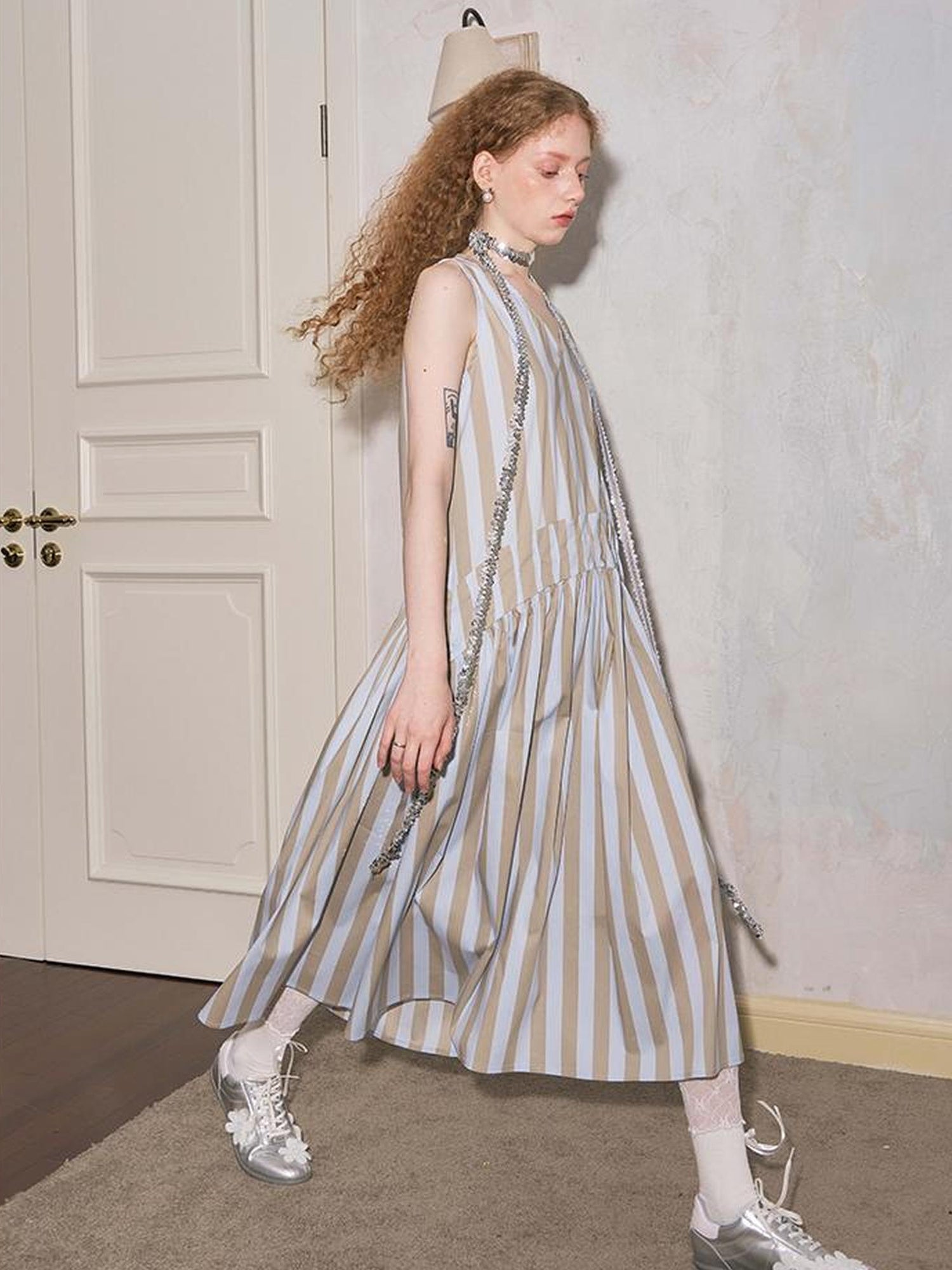 DIDDI MODA Summer V Neck Tuck Pleated Striped Maxi Dress