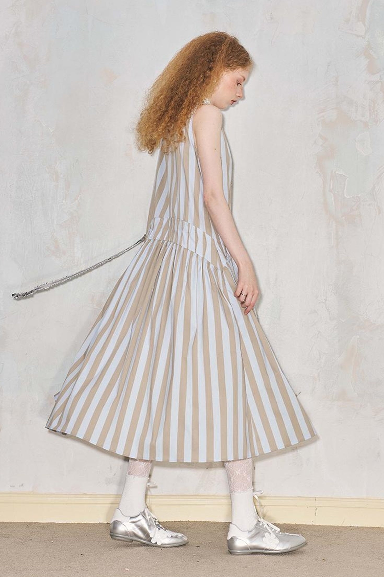 DIDDI MODA Summer V Neck Tuck Pleated Striped Maxi Dress