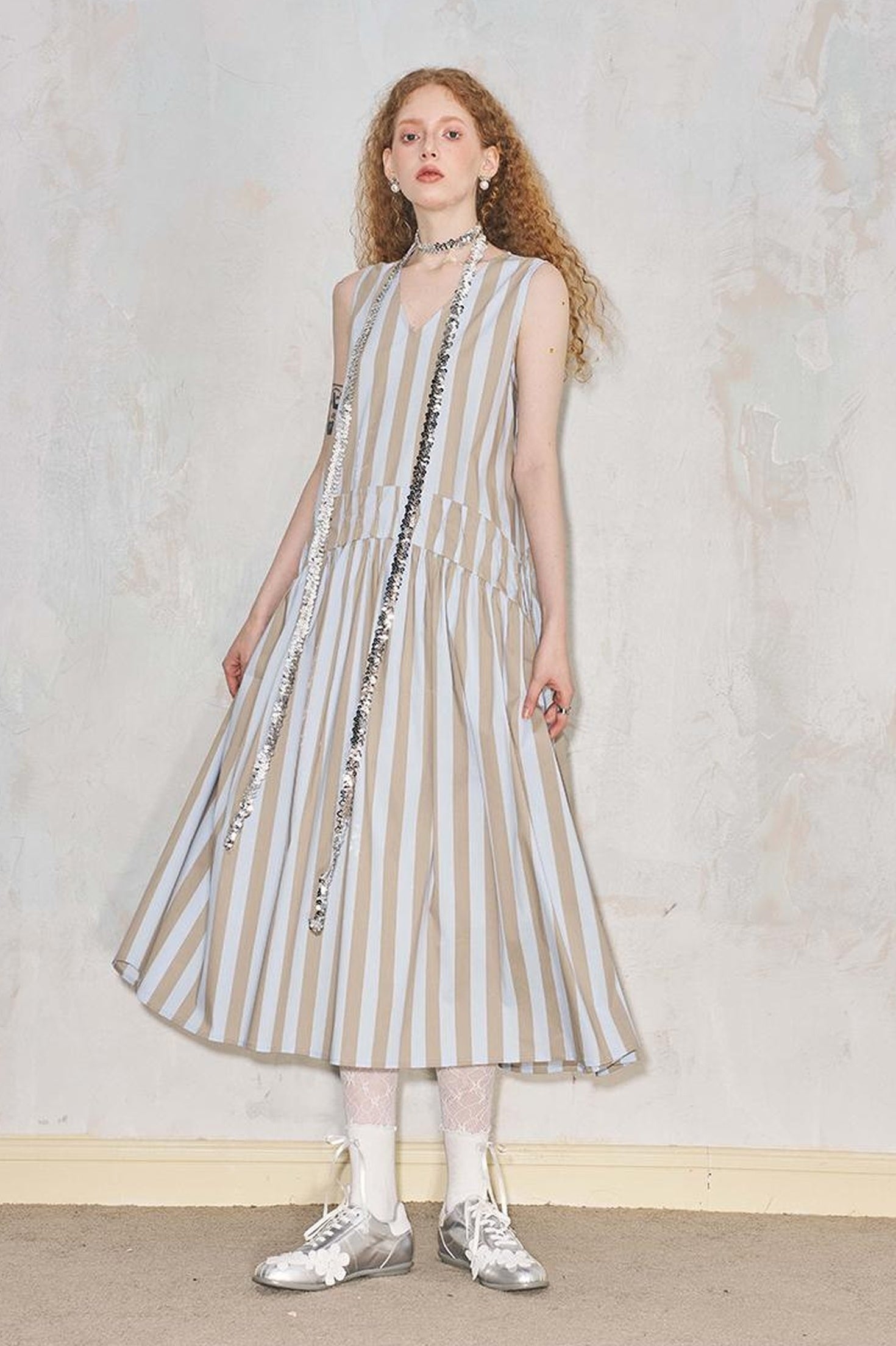 DIDDI MODA Summer V Neck Tuck Pleated Striped Maxi Dress