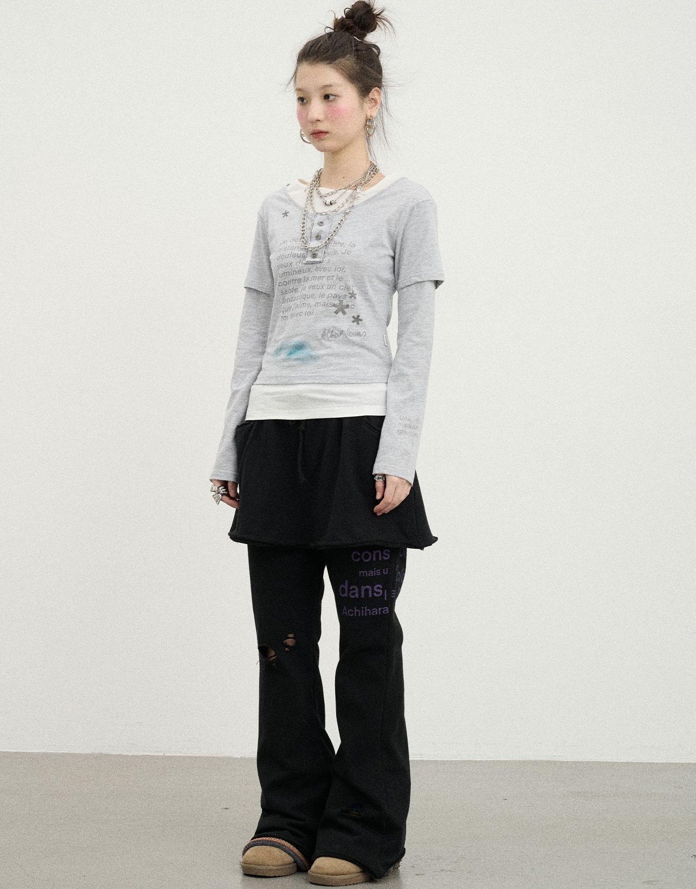 Achihara Sunday Park French Print Flared Pants