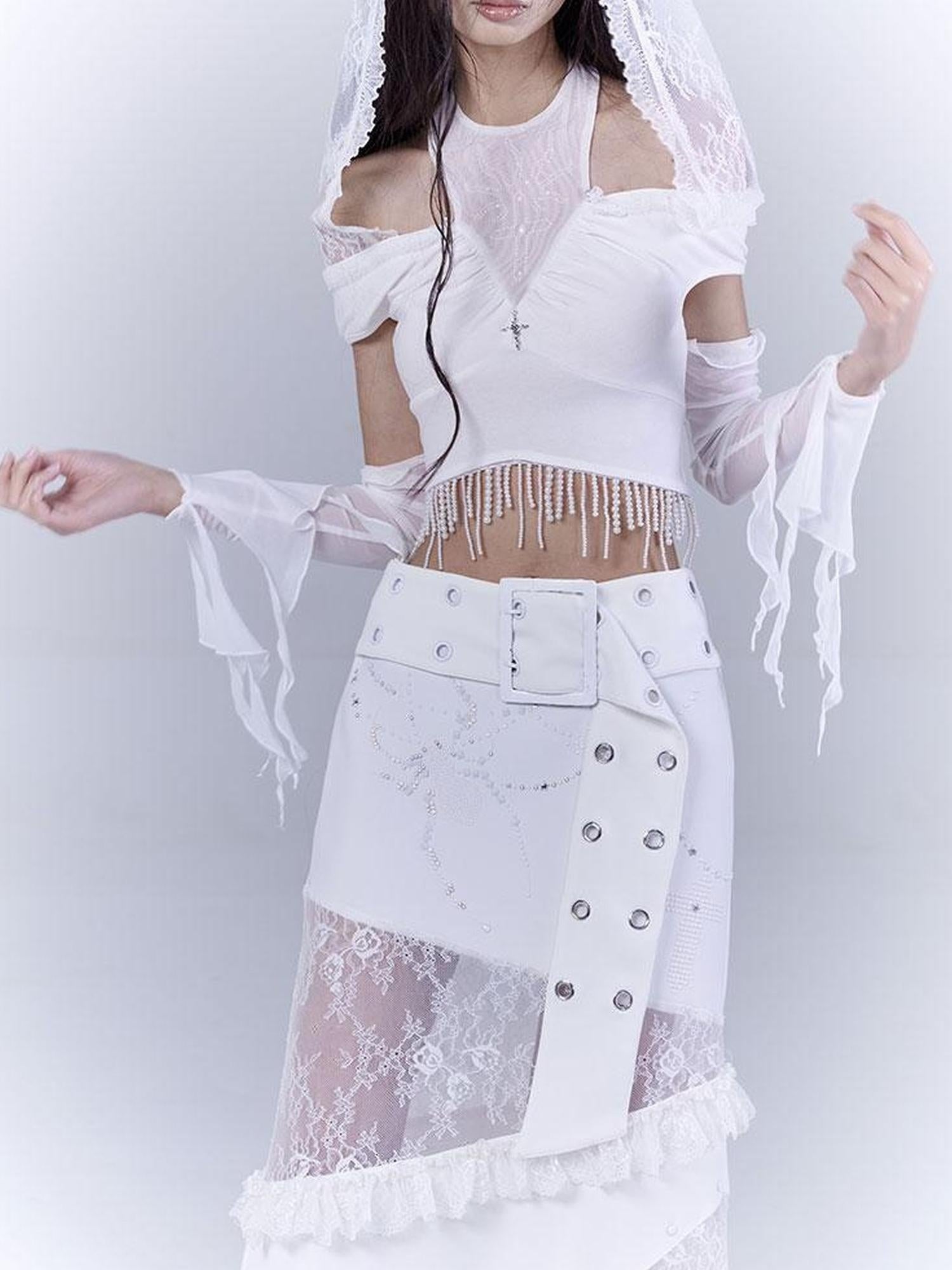 WSW WUSHENWU Sunlight Lace Dream White Elegant Crop Top