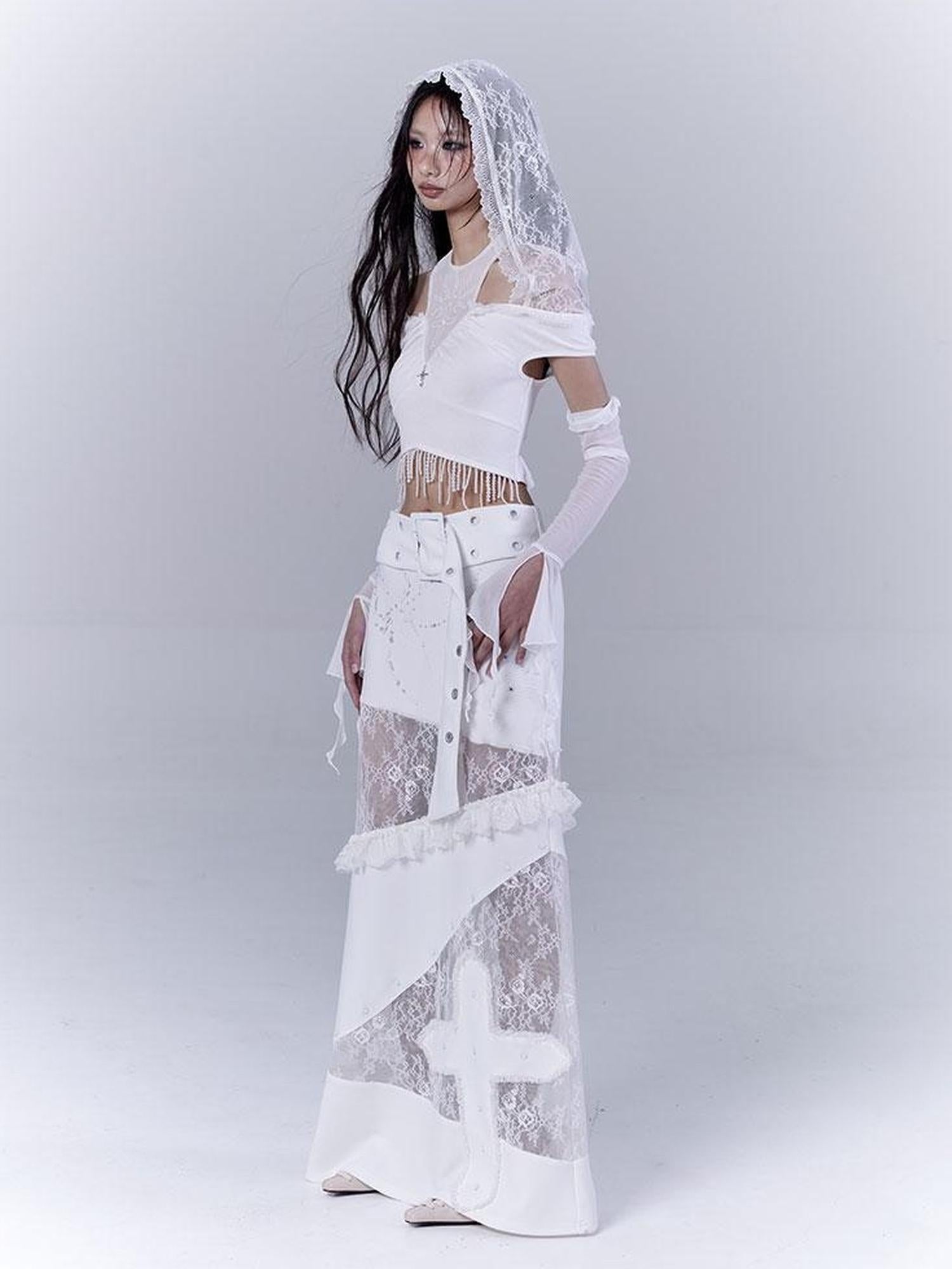 WSW WUSHENWU Sunlight Lace Dream White Elegant Crop Top