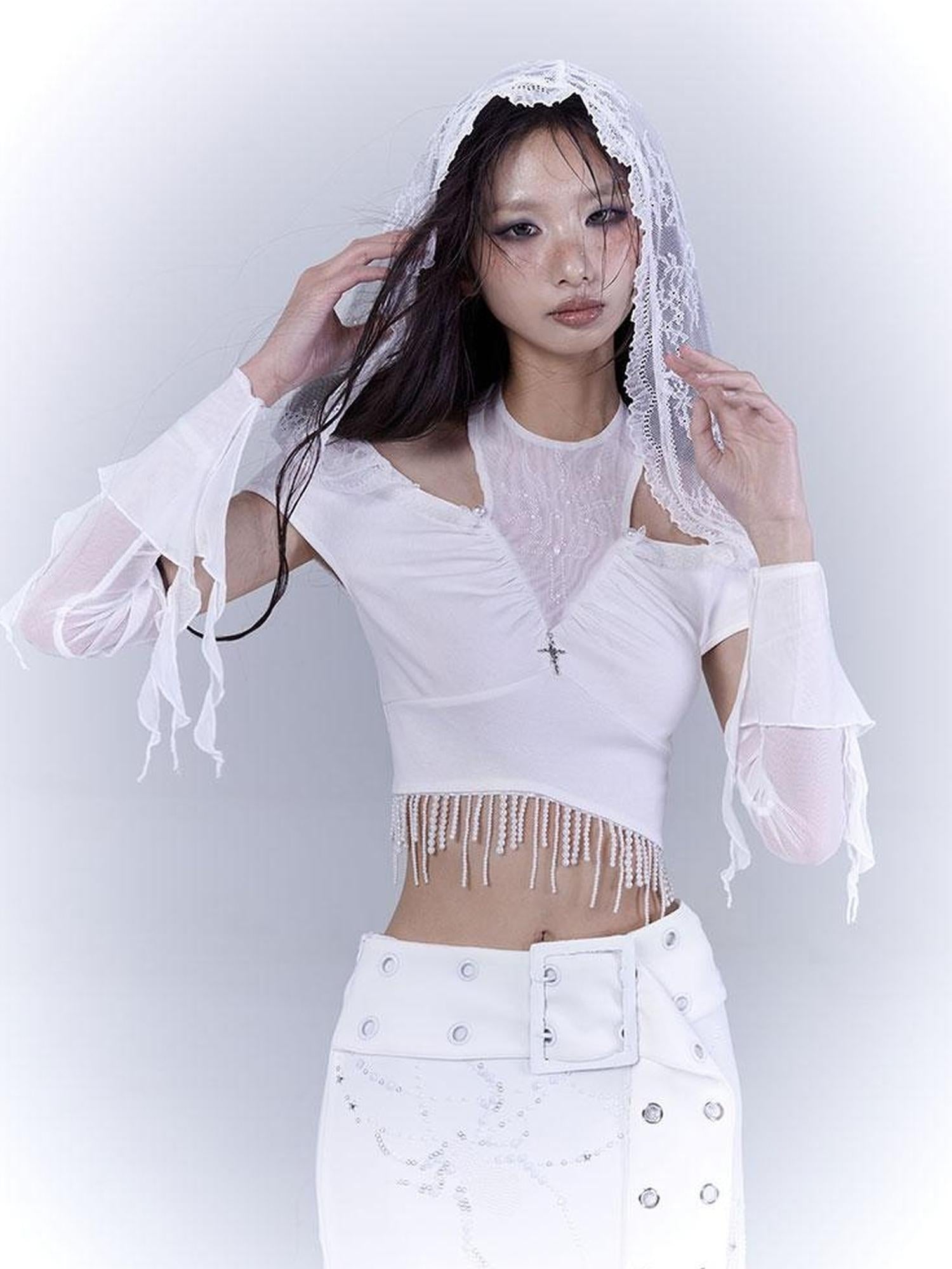 WSW WUSHENWU Sunlight Lace Dream White Elegant Crop Top