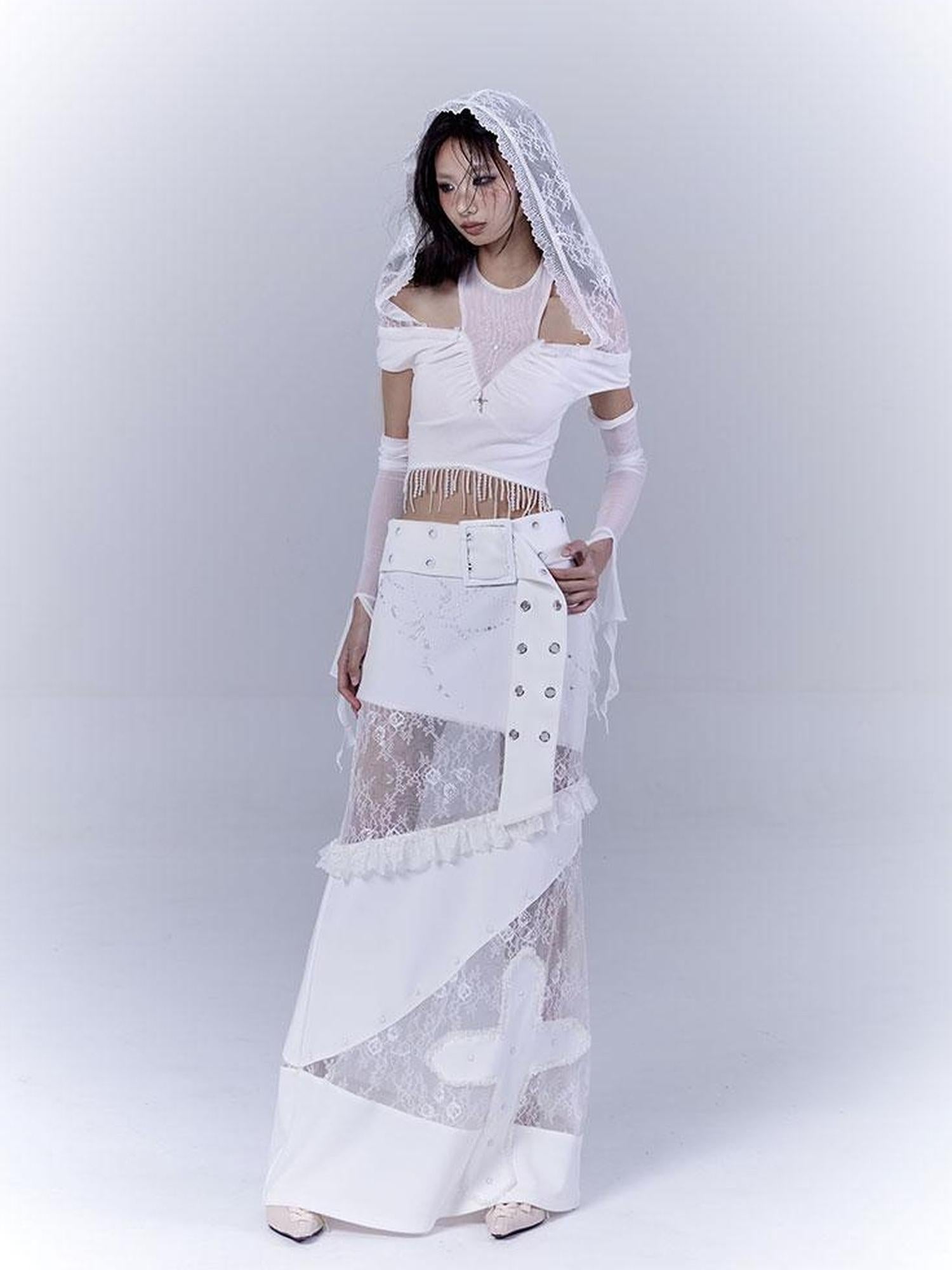 WSW WUSHENWU Sunlight Lace Dream White Elegant Crop Top