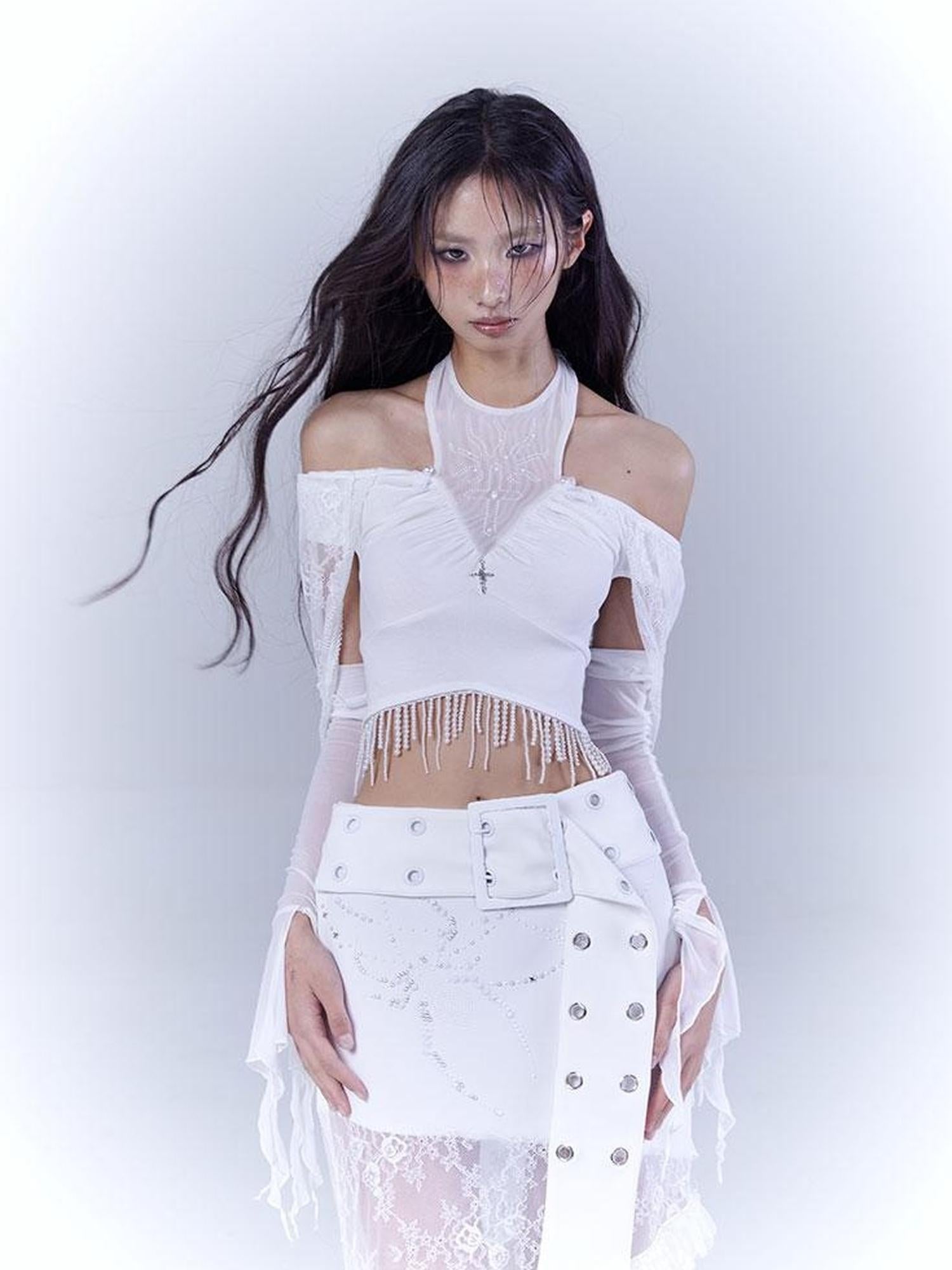WSW WUSHENWU Sunlight Lace Dream White Elegant Crop Top