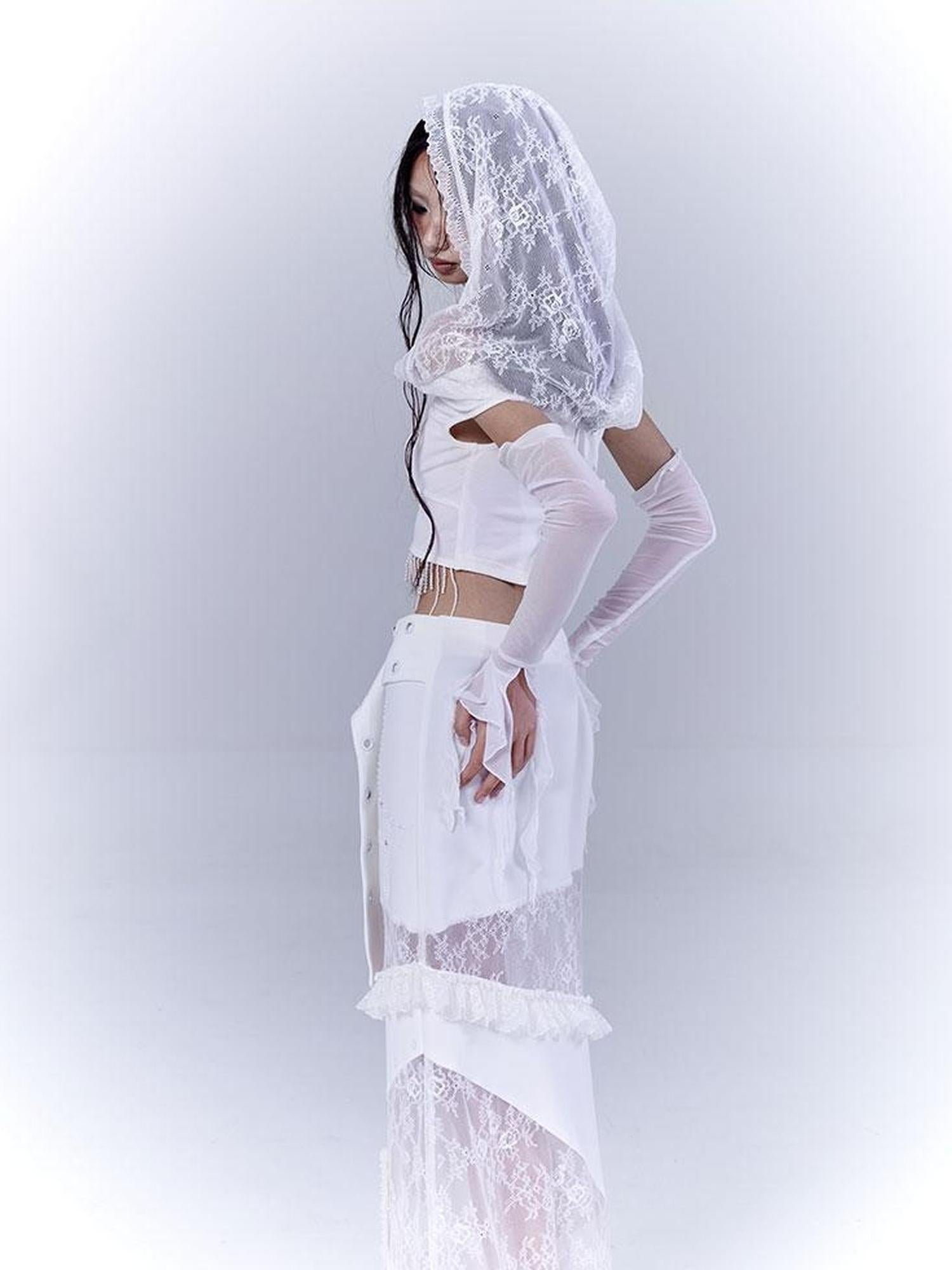 WSW WUSHENWU Sunlight Lace Dream White Elegant Crop Top