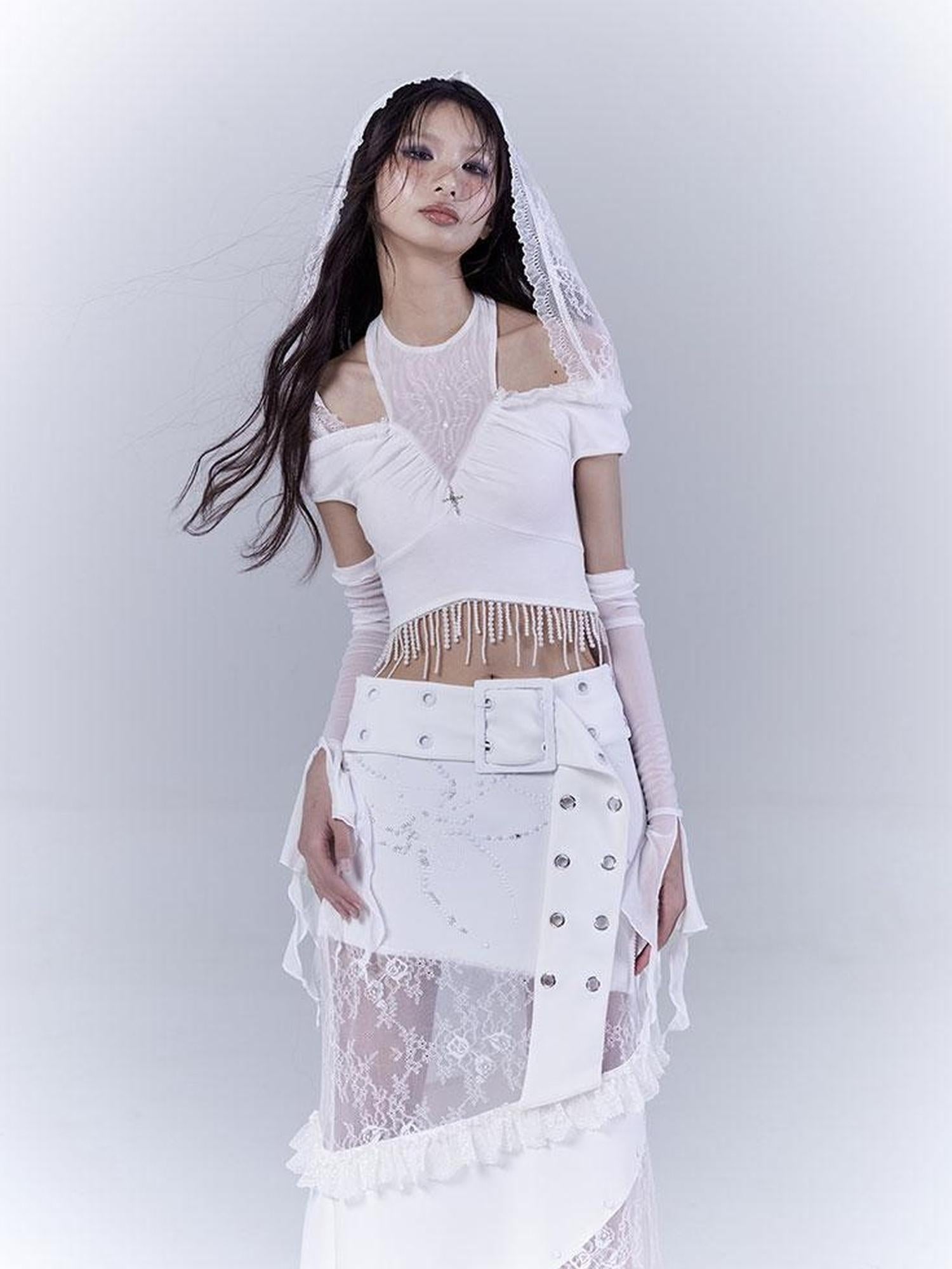 WSW WUSHENWU Sunlight Lace Dream White Elegant Crop Top