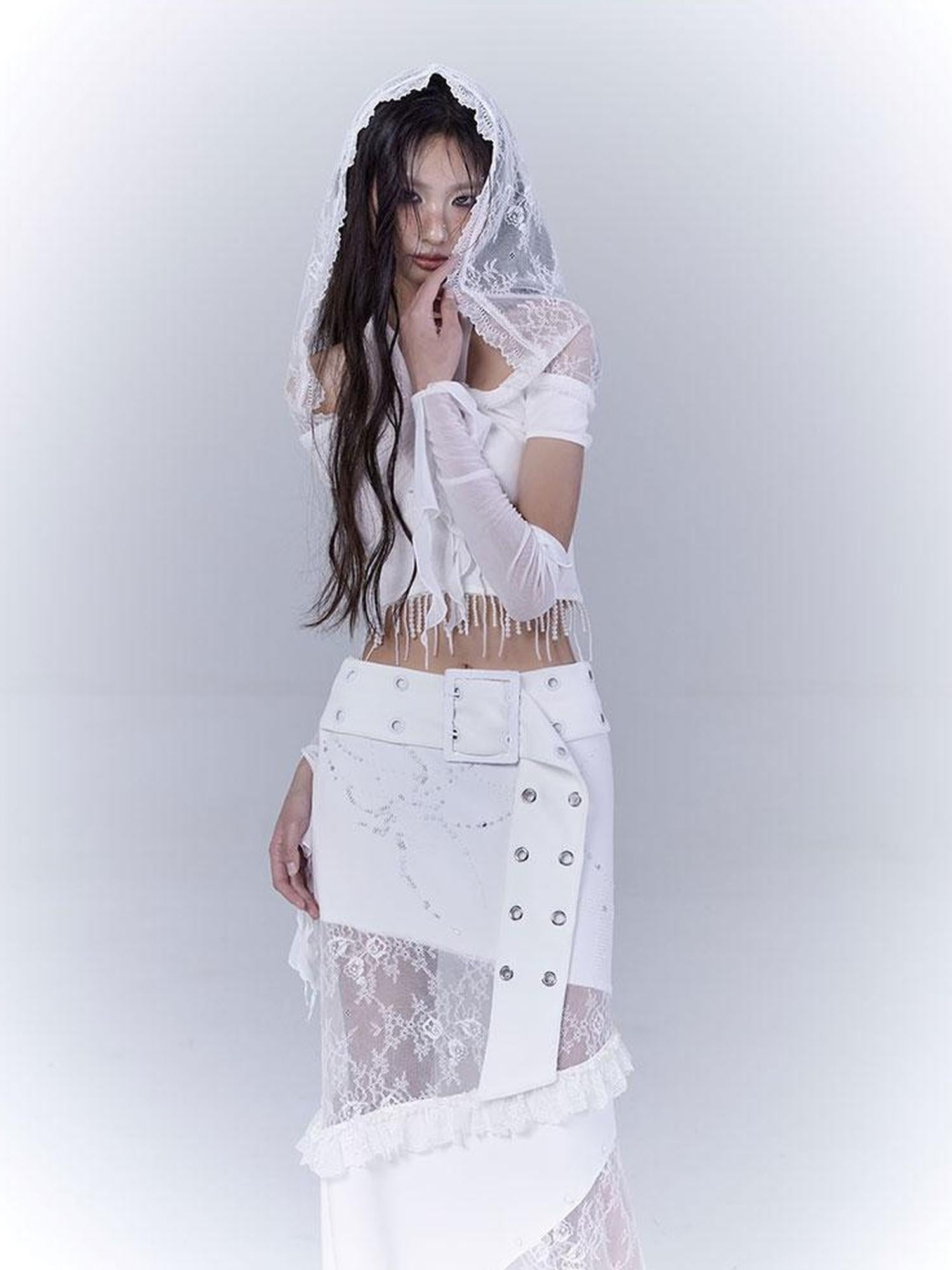WSW WUSHENWU Sunlight Lace Dream White Elegant Crop Top