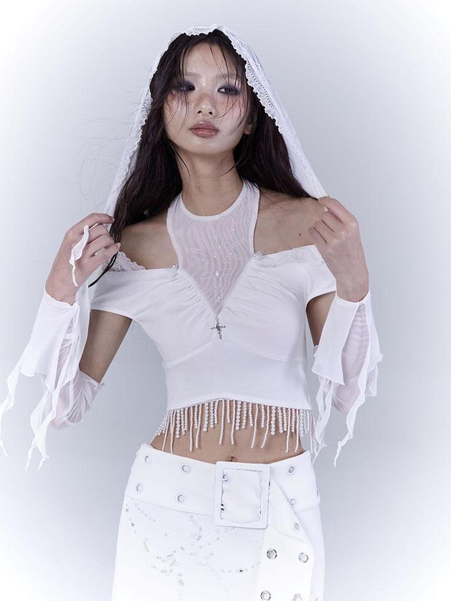 WSW WUSHENWU Sunlight Lace Dream White Elegant Crop Top
