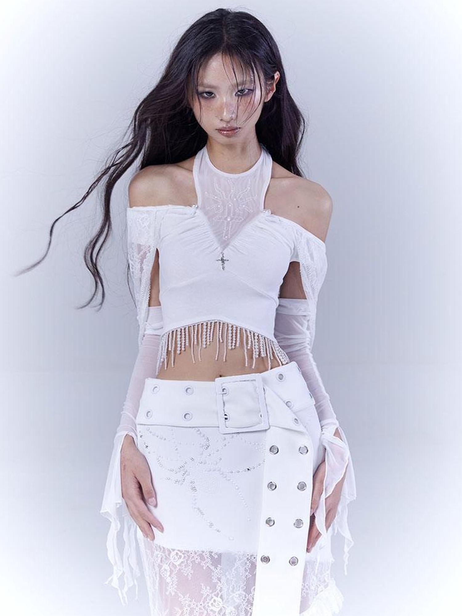WSW WUSHENWU Sunlight Lace Dream White Elegant Crop Top